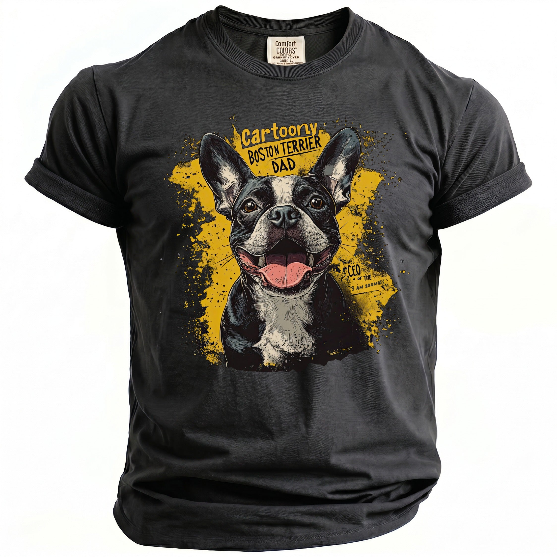 Dark gray t-shirt with a cartoon Boston Terrier graphic and the text "Cartoony Boston Terrier Dad CEO".