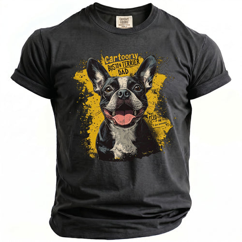 Dark gray t-shirt with a cartoon Boston Terrier graphic and the text "Cartoony Boston Terrier Dad CEO".