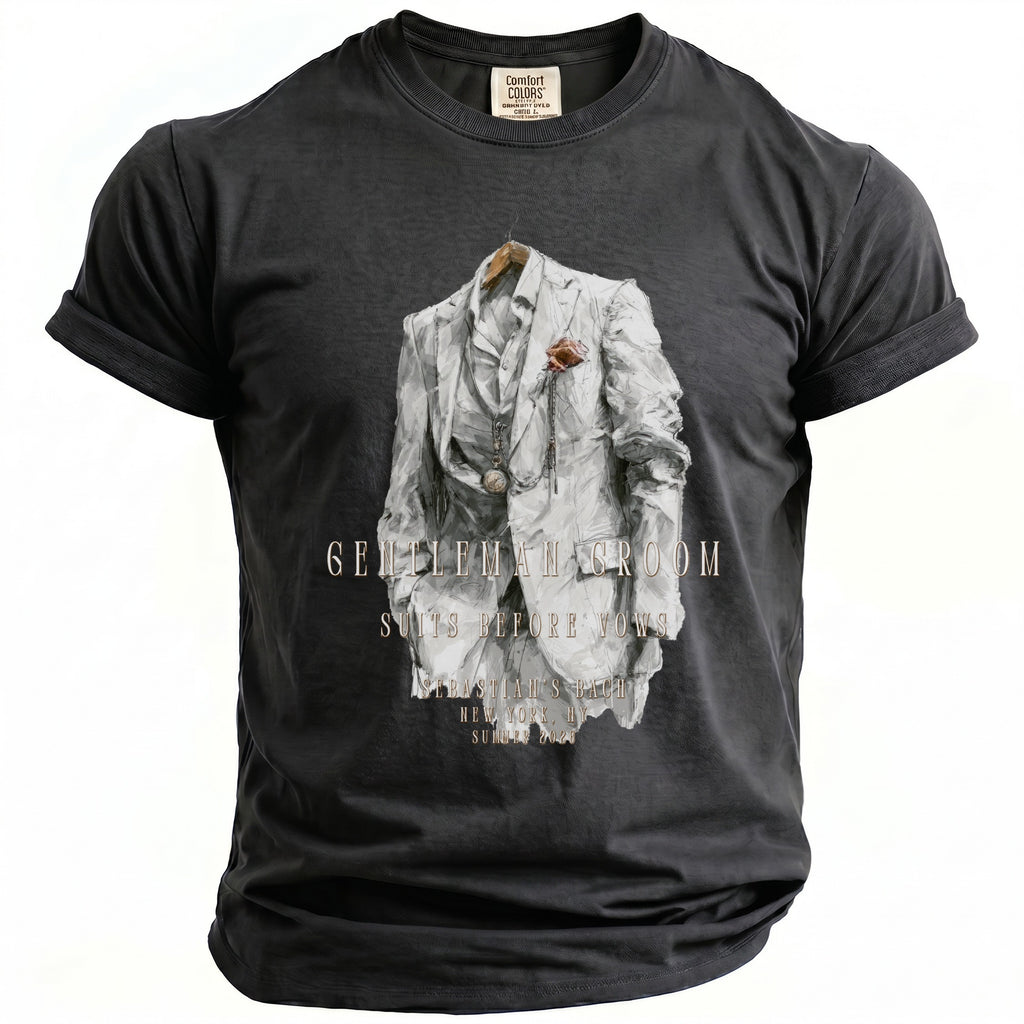 Dark grey t-shirt with graphic of a white suit, "Gentleman Groom," and "Suits Before Vows."