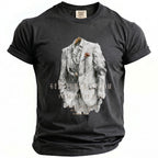 Dark grey t-shirt with graphic of a white suit, "Gentleman Groom," and "Suits Before Vows."