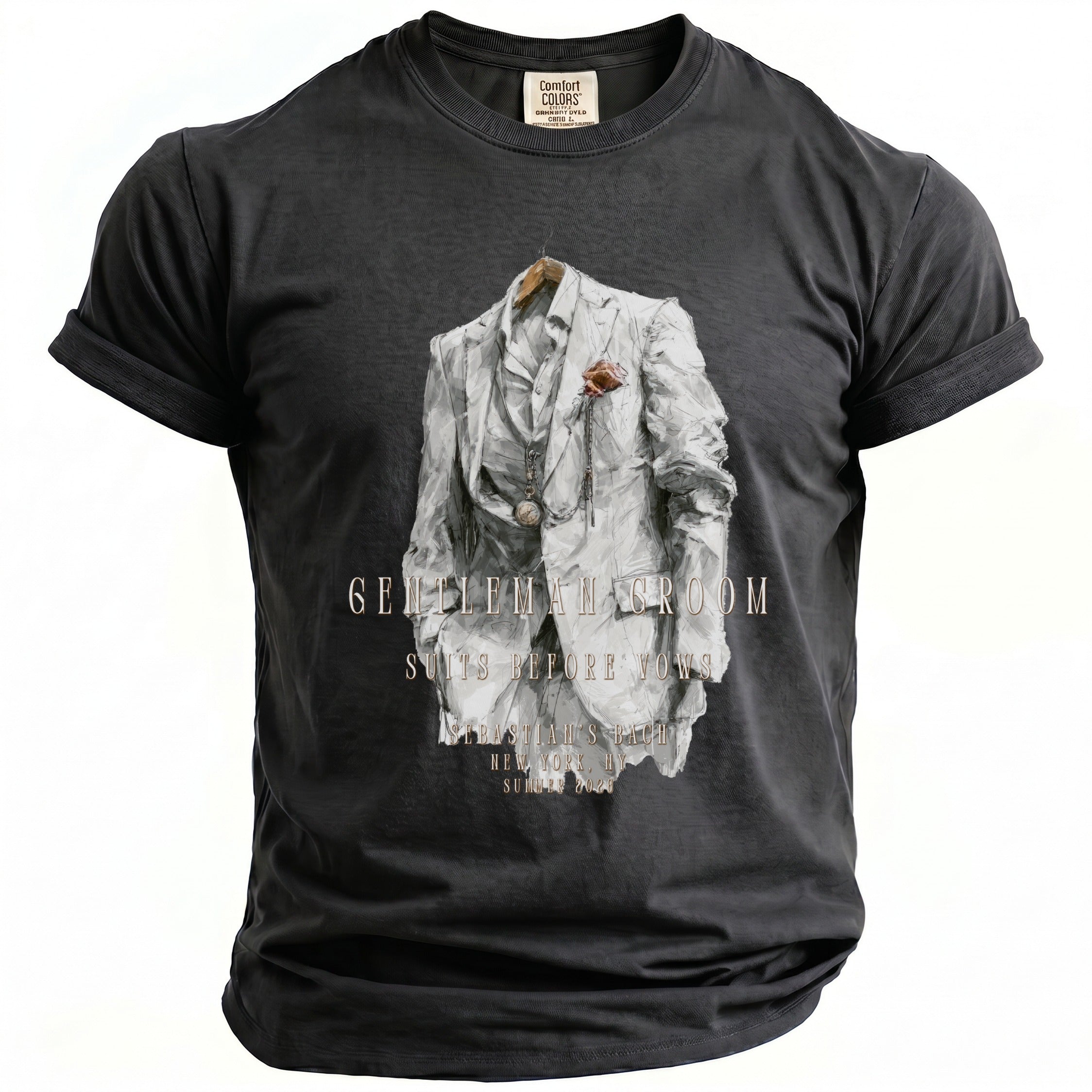 Dark grey t-shirt with graphic of a white suit, "Gentleman Groom," and "Suits Before Vows."