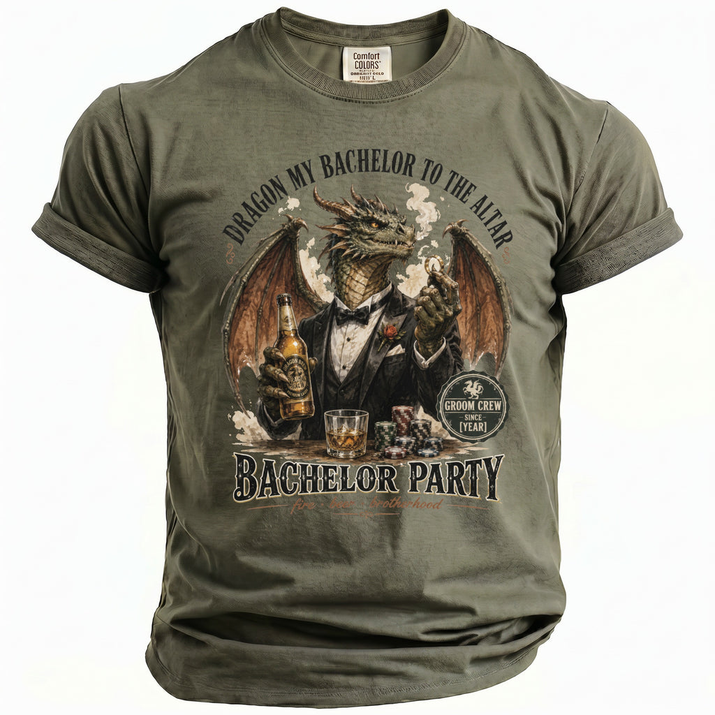 Green t-shirt with dragon graphic and text "Dragon My Bachelor to the Altar Bachelor Party".