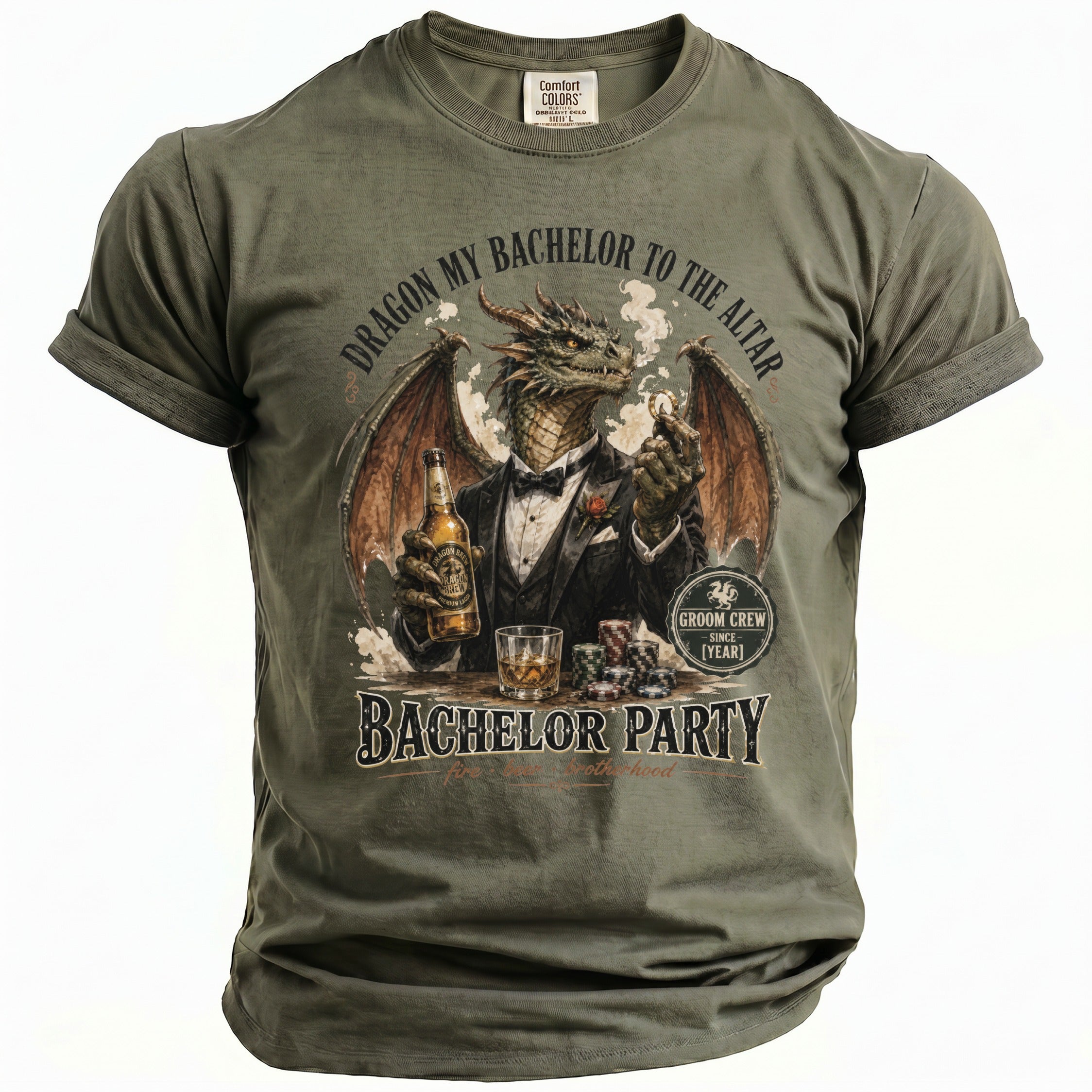 Green t-shirt with dragon graphic and text "Dragon My Bachelor to the Altar Bachelor Party".