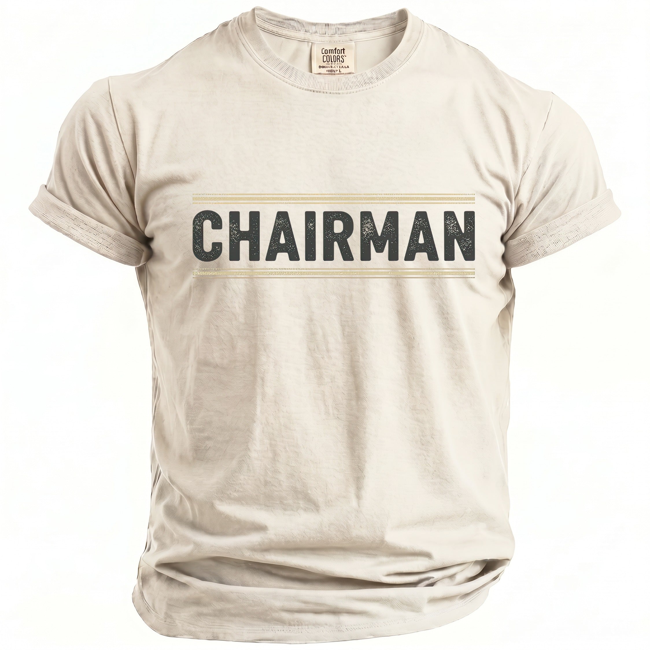 Tan t-shirt with "CHAIRMAN" printed in distressed grey text.
