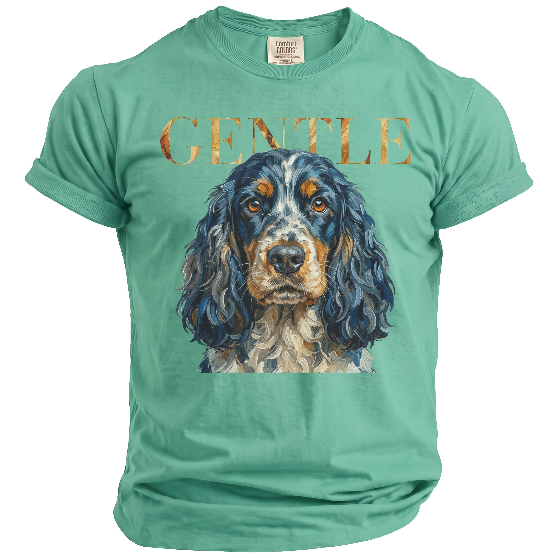 Green t-shirt with a painted portrait of a Cocker Spaniel dog and the word GENTLE.