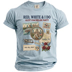 Light blue t-shirt with "Red, White & I Do Alex's Bachelor Party" and July 4th, 2026.