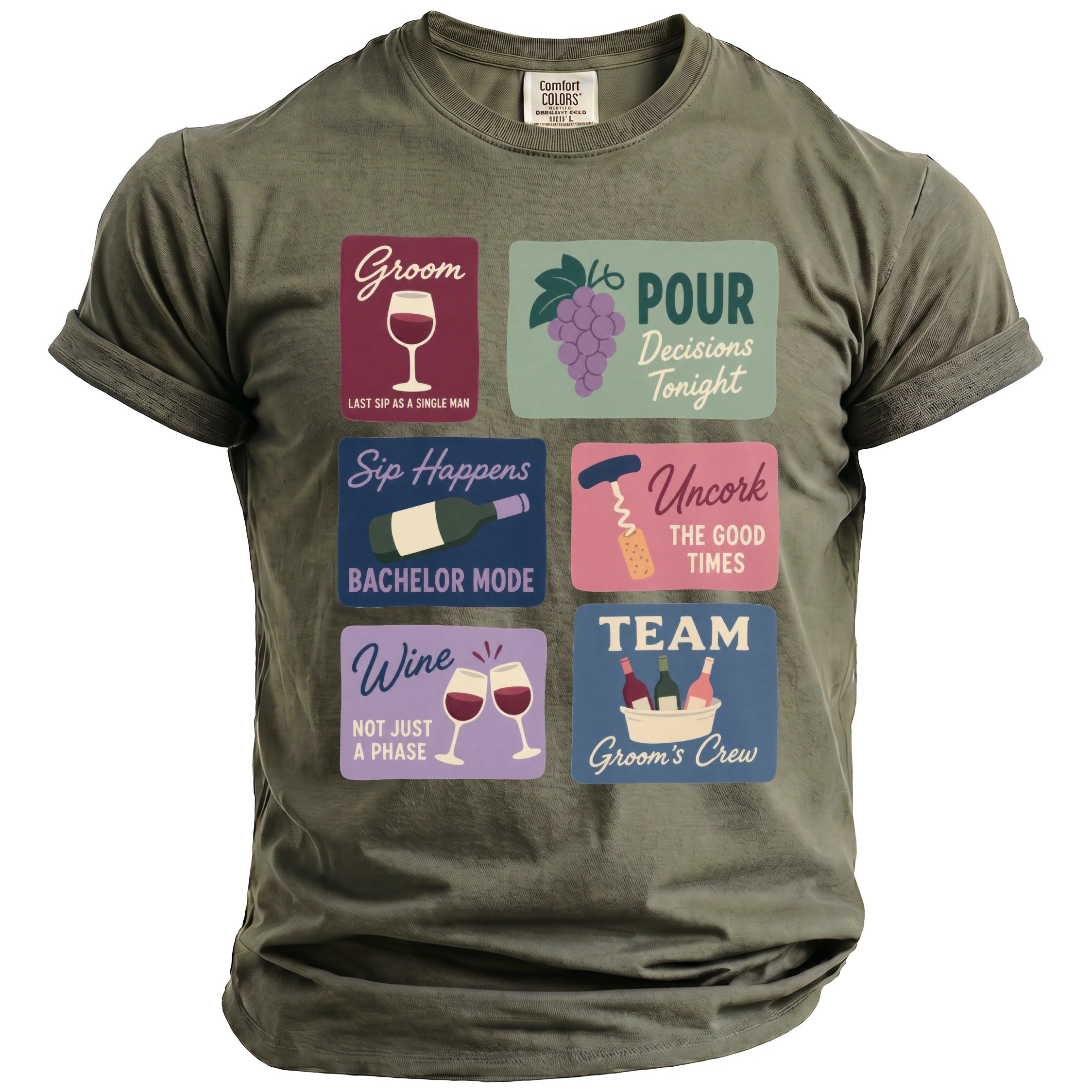Olive green t-shirt with six rectangular graphic panels depicting wine and bachelor party themes.