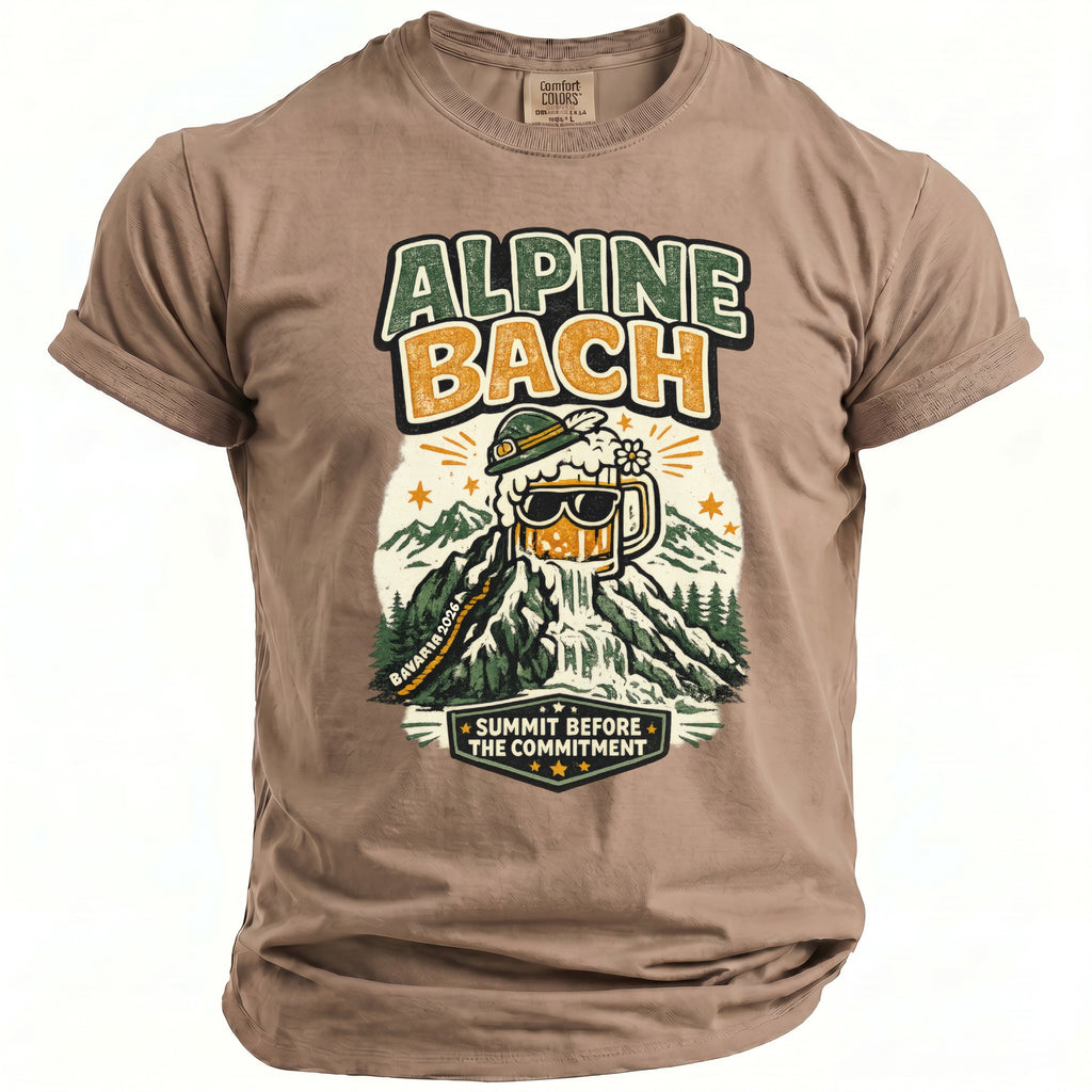 Brown t-shirt with "Alpine Bach" print depicting a beer mug on a mountain.