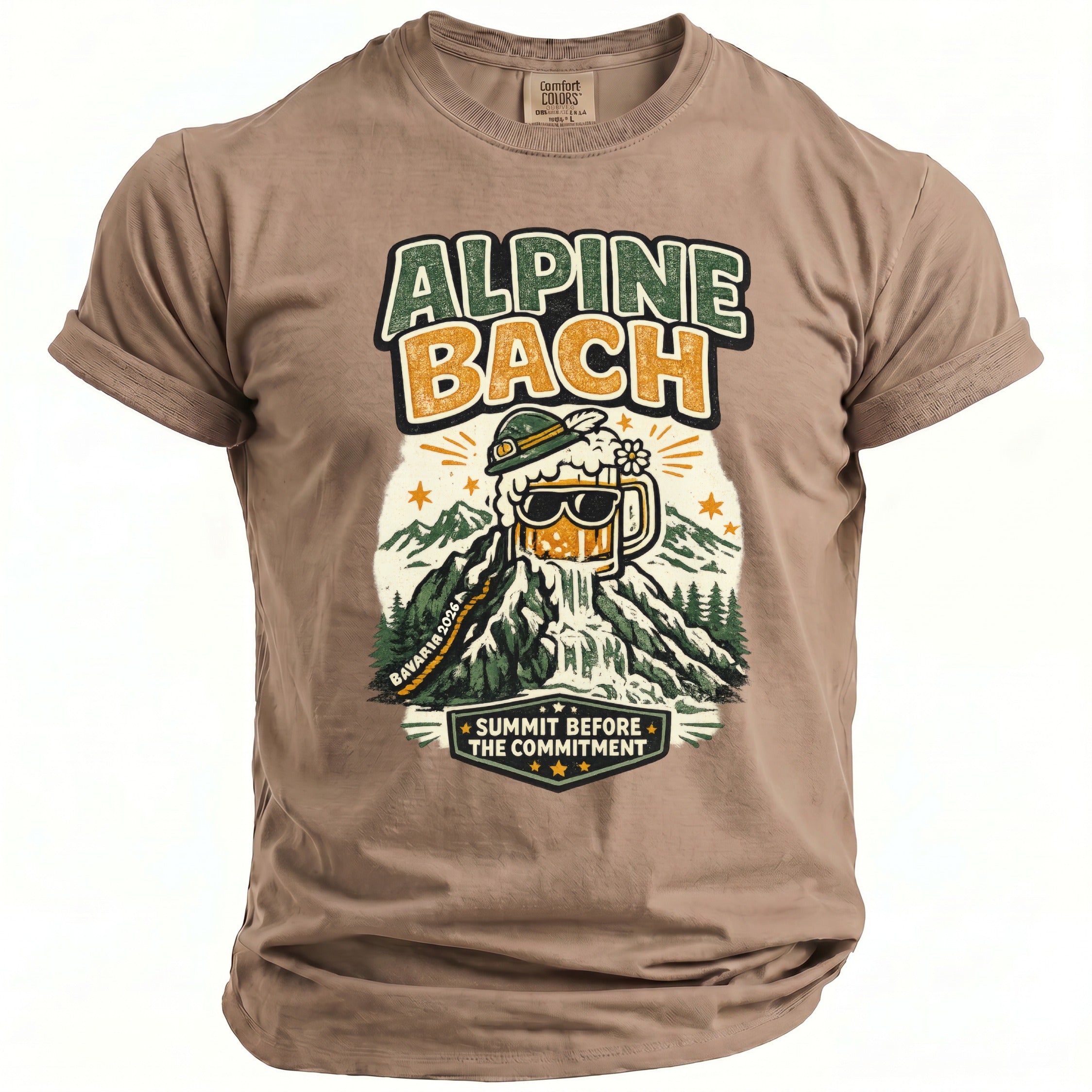 Brown t-shirt with "Alpine Bach" print depicting a beer mug on a mountain.
