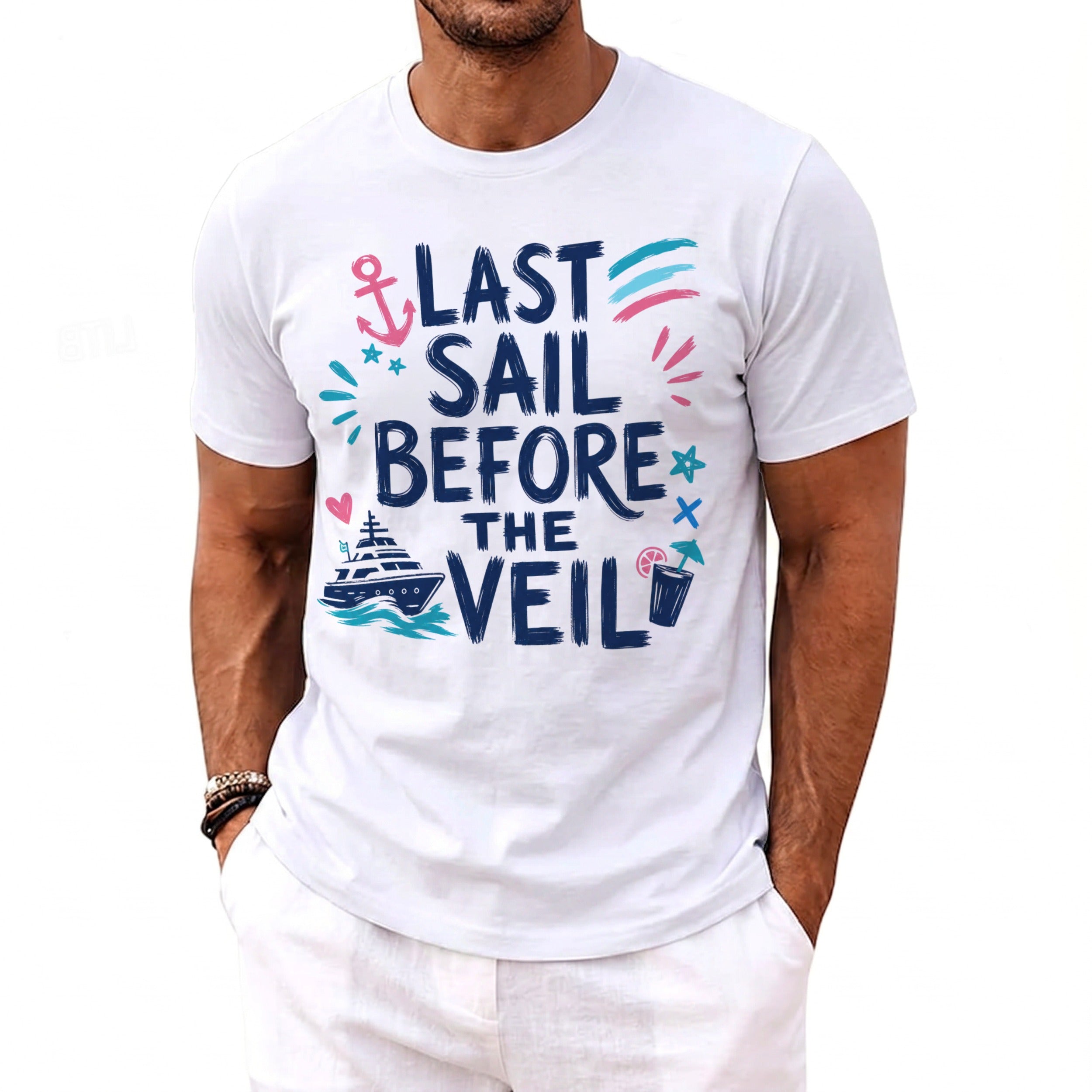 A man wears a white crewneck t-shirt featuring navy and pink nautical graphics and the text Last Sail Before The Veil.