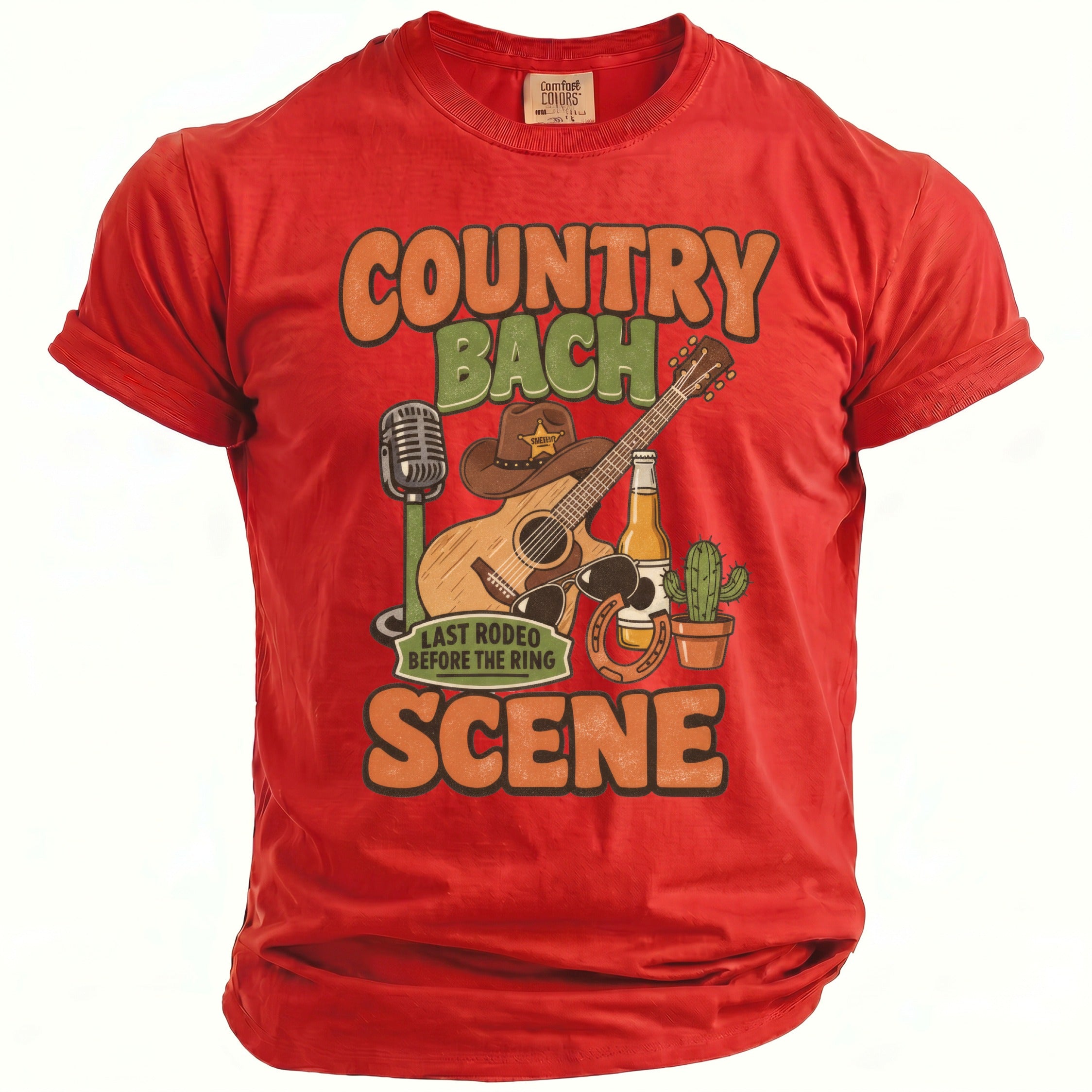 Red t-shirt with "Country Bach Last Rodeo Before The Ring Scene" graphic.