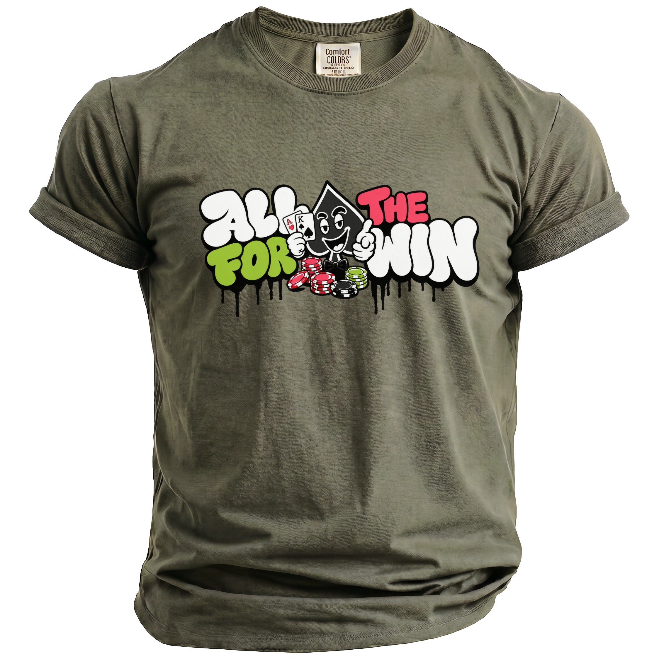 Olive green t-shirt with "ALL FOR THE WIN" text and cartoon poker elements.