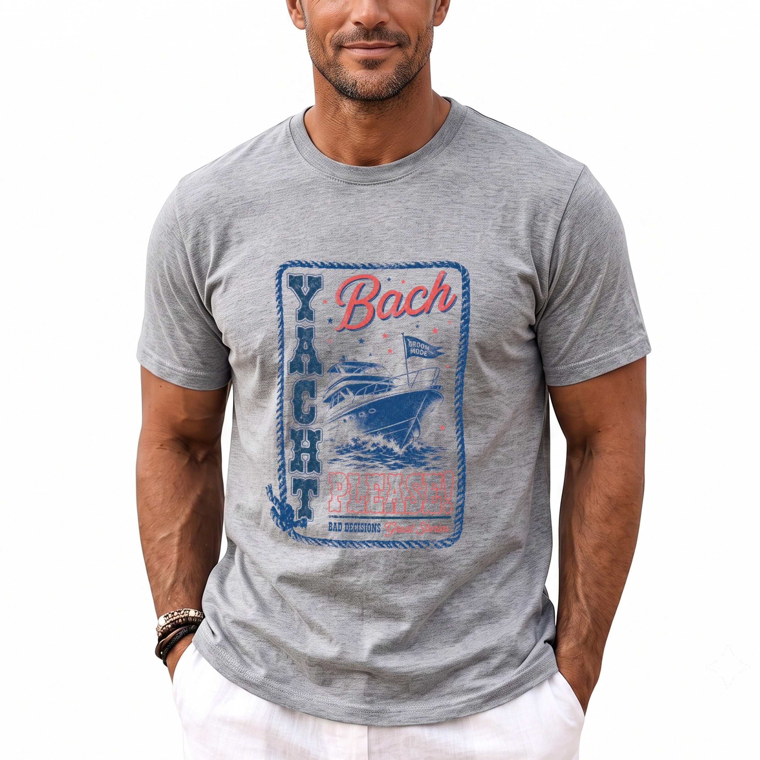 Grey t-shirt with "Yacht Bach Please" graphic and a boat, "Bad Decisions Great Stories".