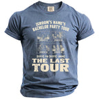 Blue t-shirt with text: "[GROOM'S NAME'S BACHELOR PARTY TOUR] [PHOTO 1-4] [CITY] TO [CITY] -2026] THE LAST TOUR"