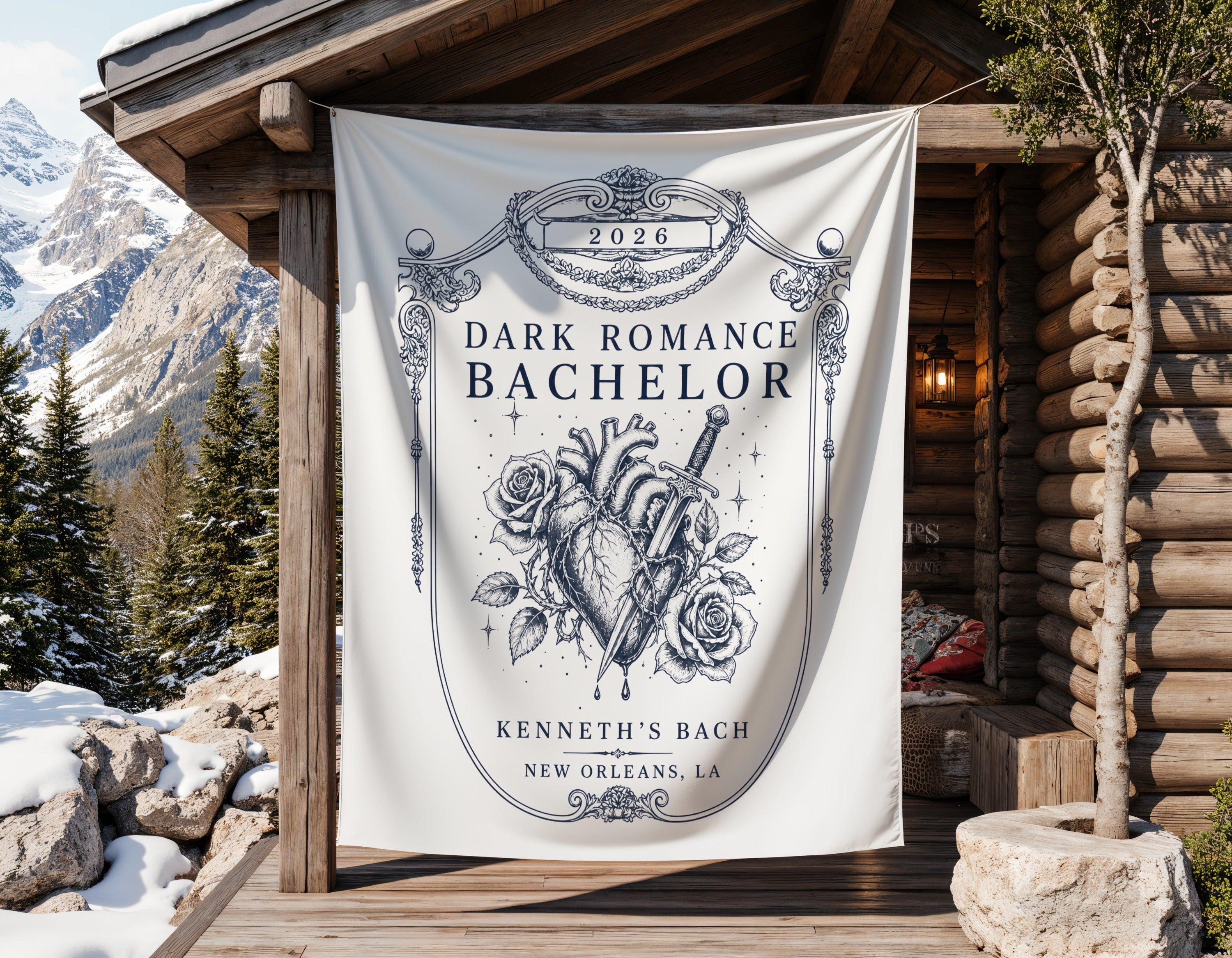 Dark Romance Bachelor banner with heart, sword, roses, and "Kenneth's Bach New Orleans, LA" text.