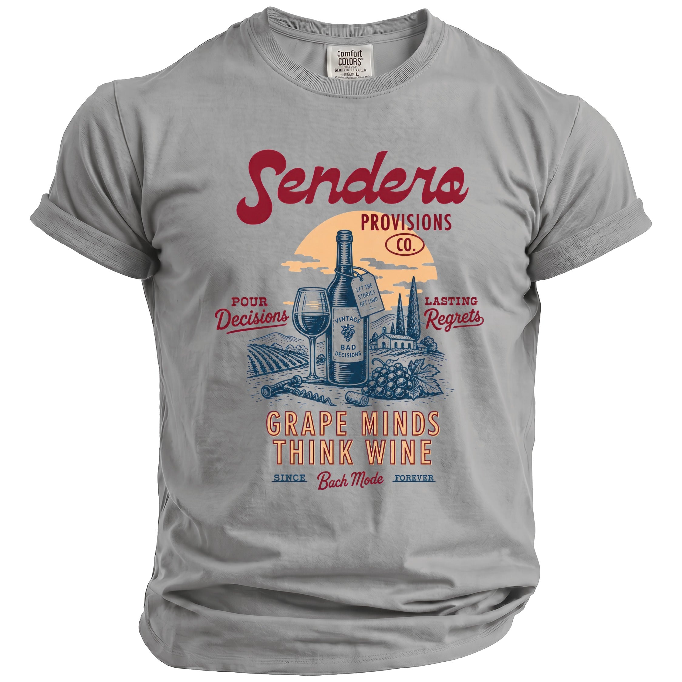 Grey t-shirt with vintage wine-themed graphic and text: "Grape Minds Think Wine".