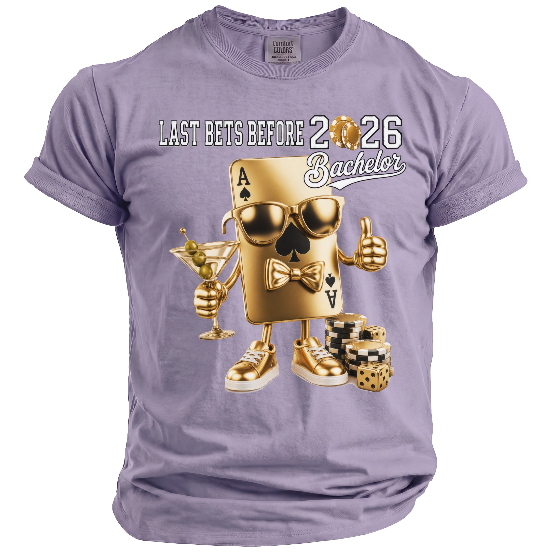 Last Bets Before 2026 Bachelor graphic on a light purple t-shirt.