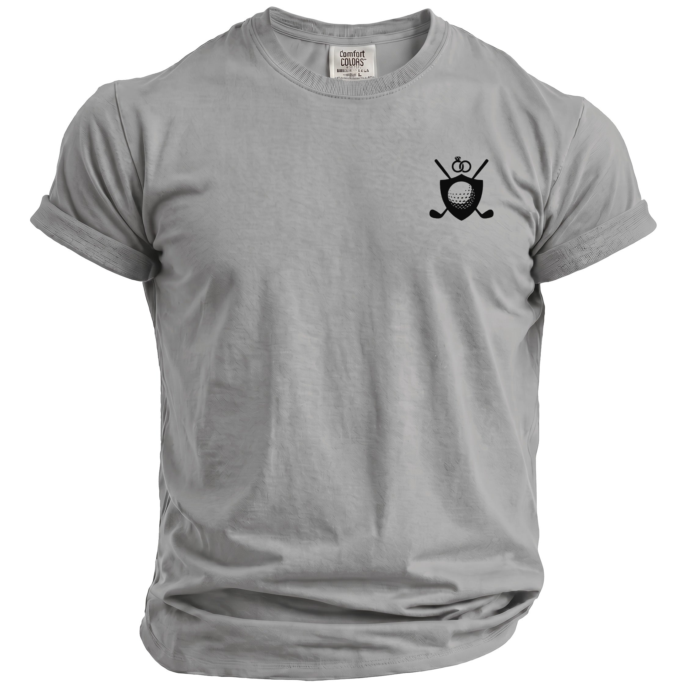 Grey Comfort Colors t-shirt with a black golf emblem on the chest.