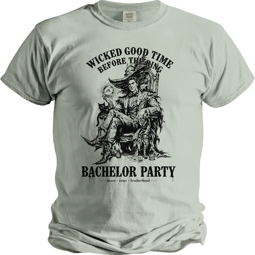 T-shirt with "Wicked Good Time Before The Ring" and "Bachelor Party" text.