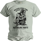 T-shirt with "Wicked Good Time Before The Ring" and "Bachelor Party" text.