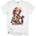 White t-shirt with abstract art featuring a classical bust and "ART SEE DIFFERENTLY" text.