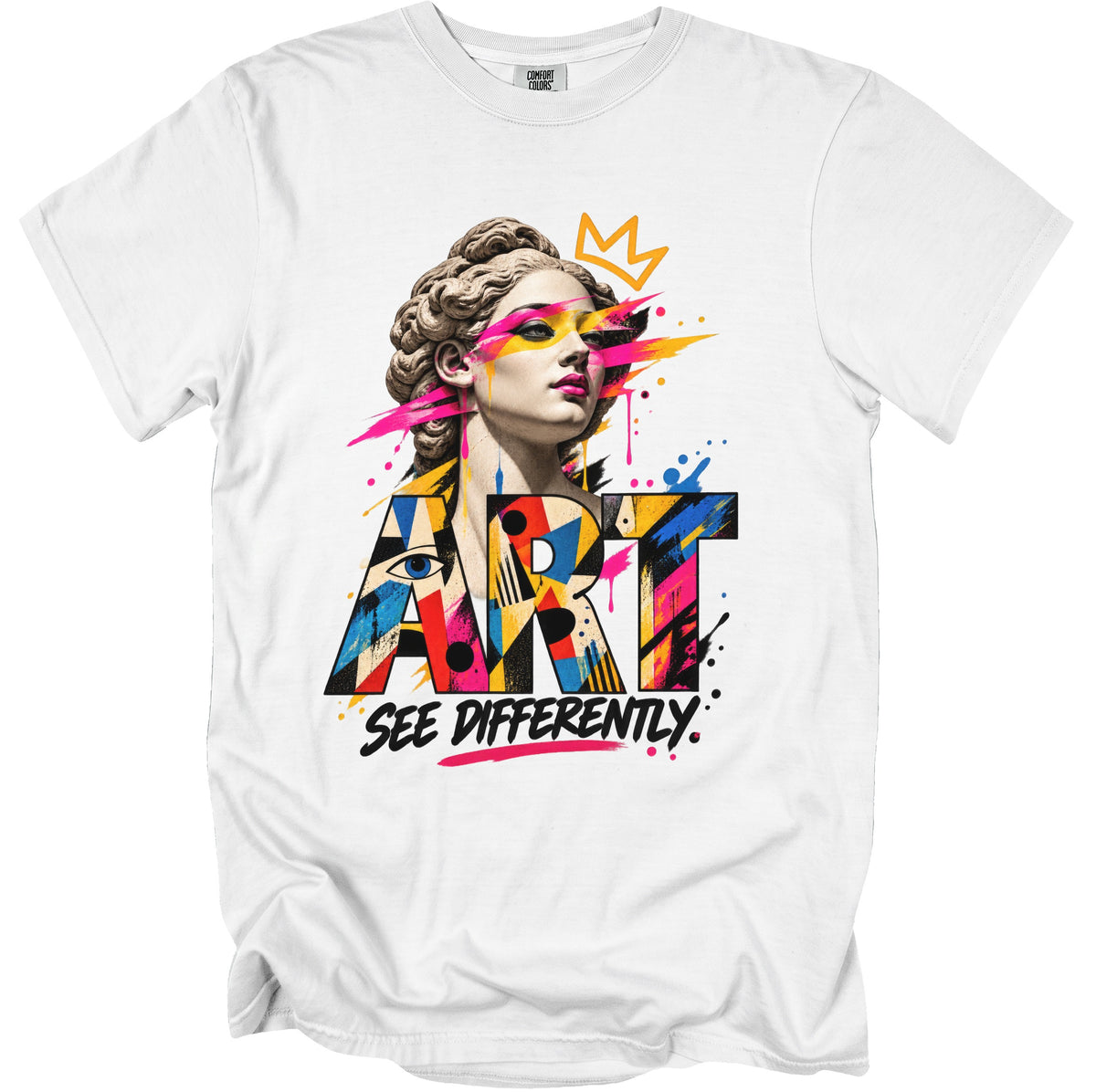 White t-shirt with abstract art featuring a classical bust and "ART SEE DIFFERENTLY" text.