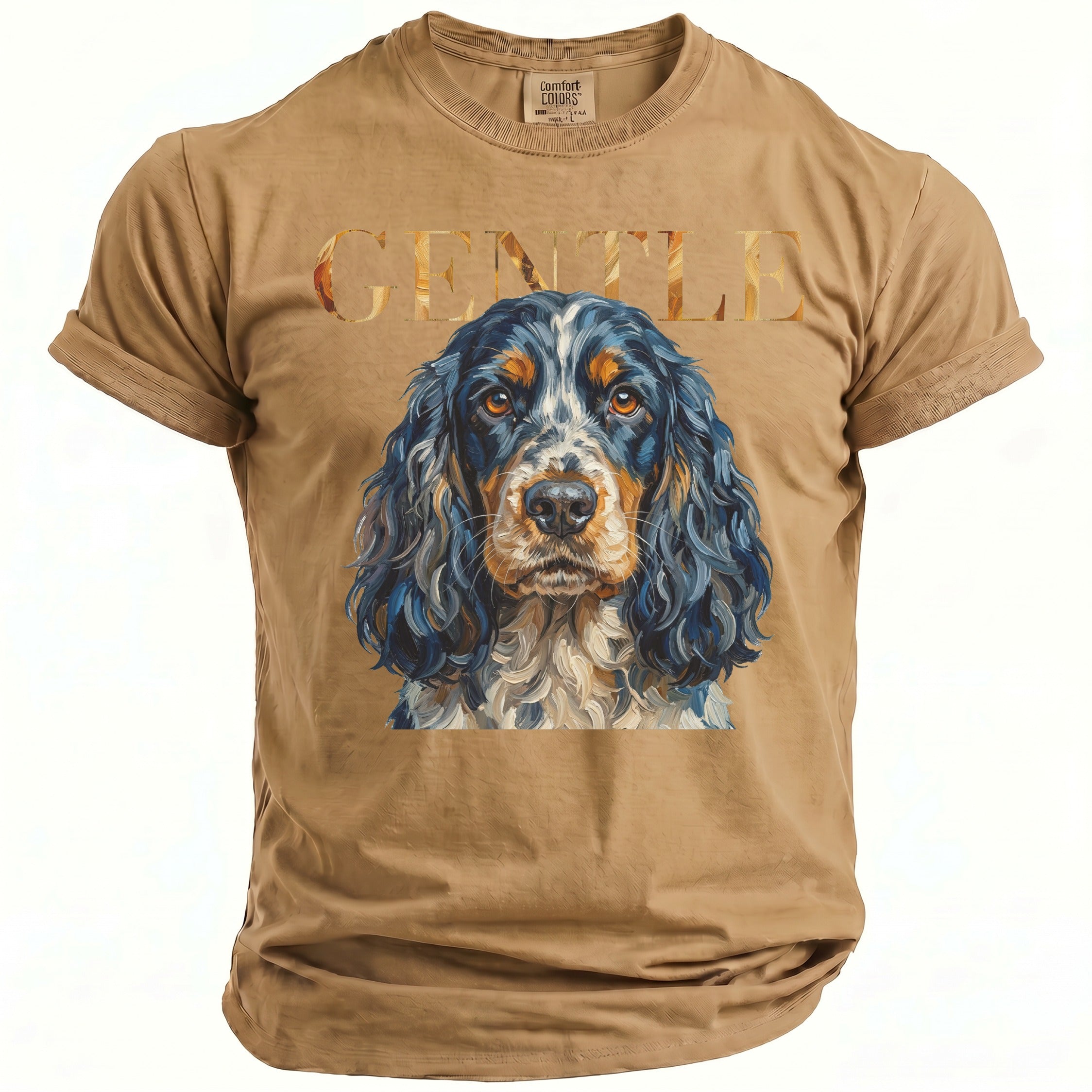 Tan t-shirt with a dog portrait and the word "GENTLE" above it.