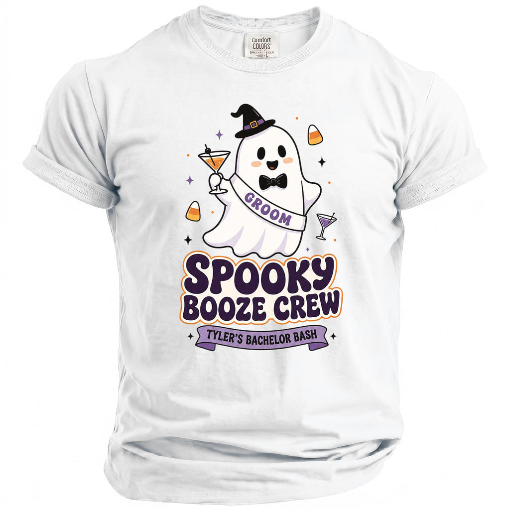 White t-shirt with a ghost groom design for "Spooky Booze Crew Tyler's Bachelor Bash."