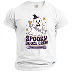 White t-shirt with a ghost groom design for "Spooky Booze Crew Tyler's Bachelor Bash."