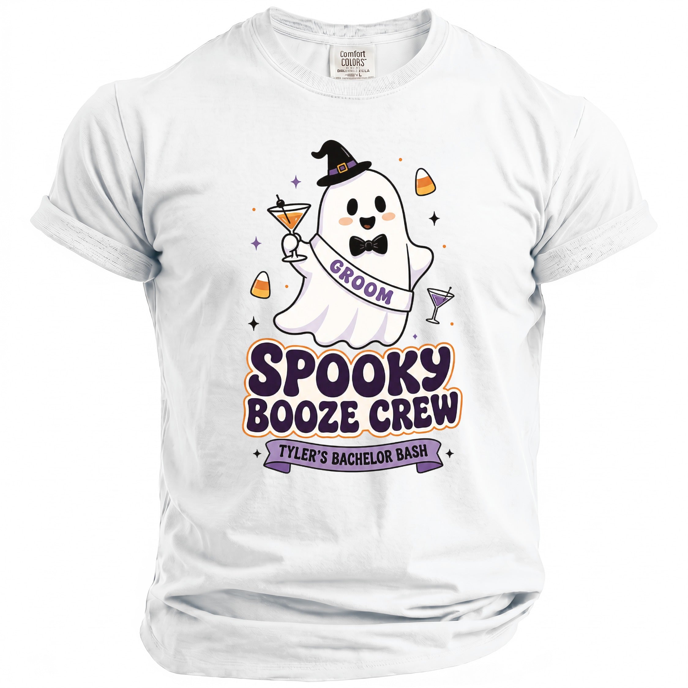 White t-shirt with a ghost groom design for "Spooky Booze Crew Tyler's Bachelor Bash."