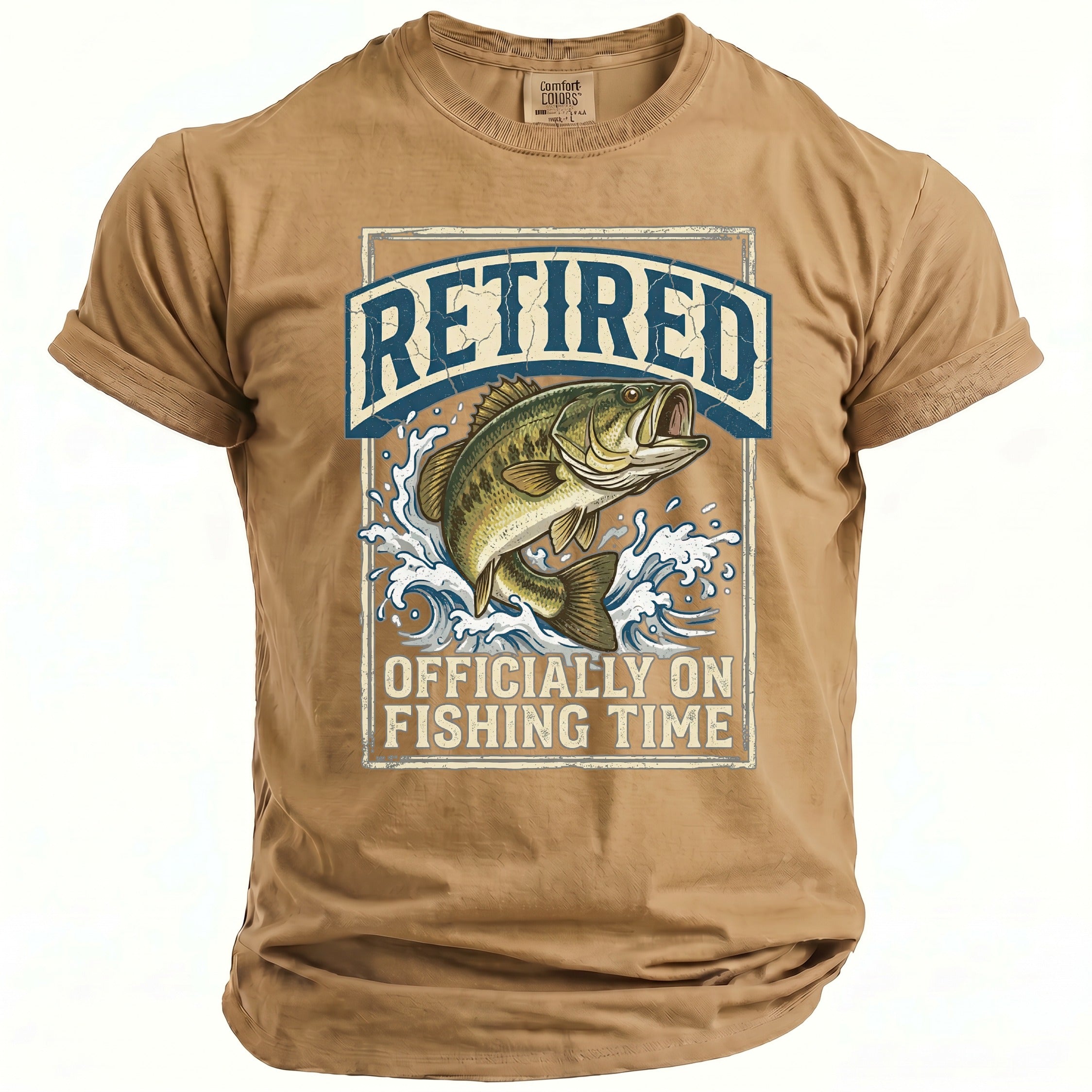 Brown t-shirt with a jumping bass and text "RETIRED OFFICIALLY ON FISHING TIME".