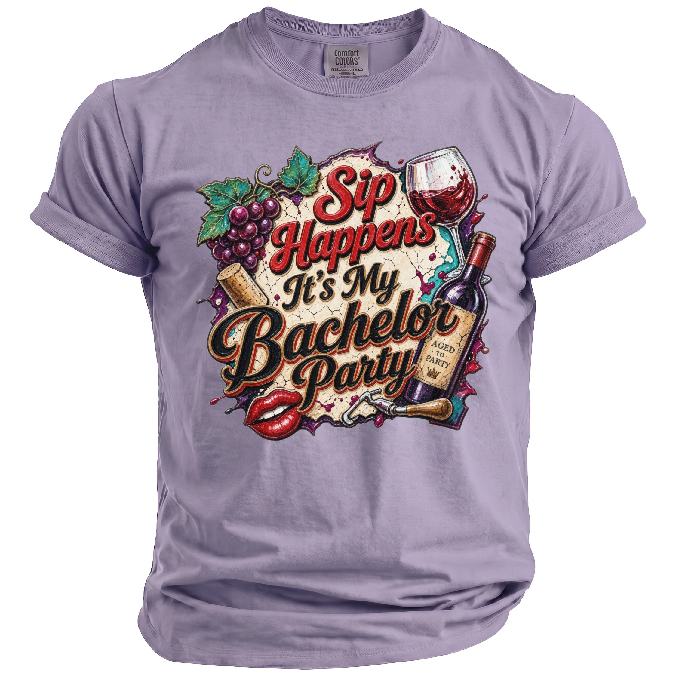 Purple t-shirt with "Sip Happens It's My Bachelor Party" text and wine graphics.