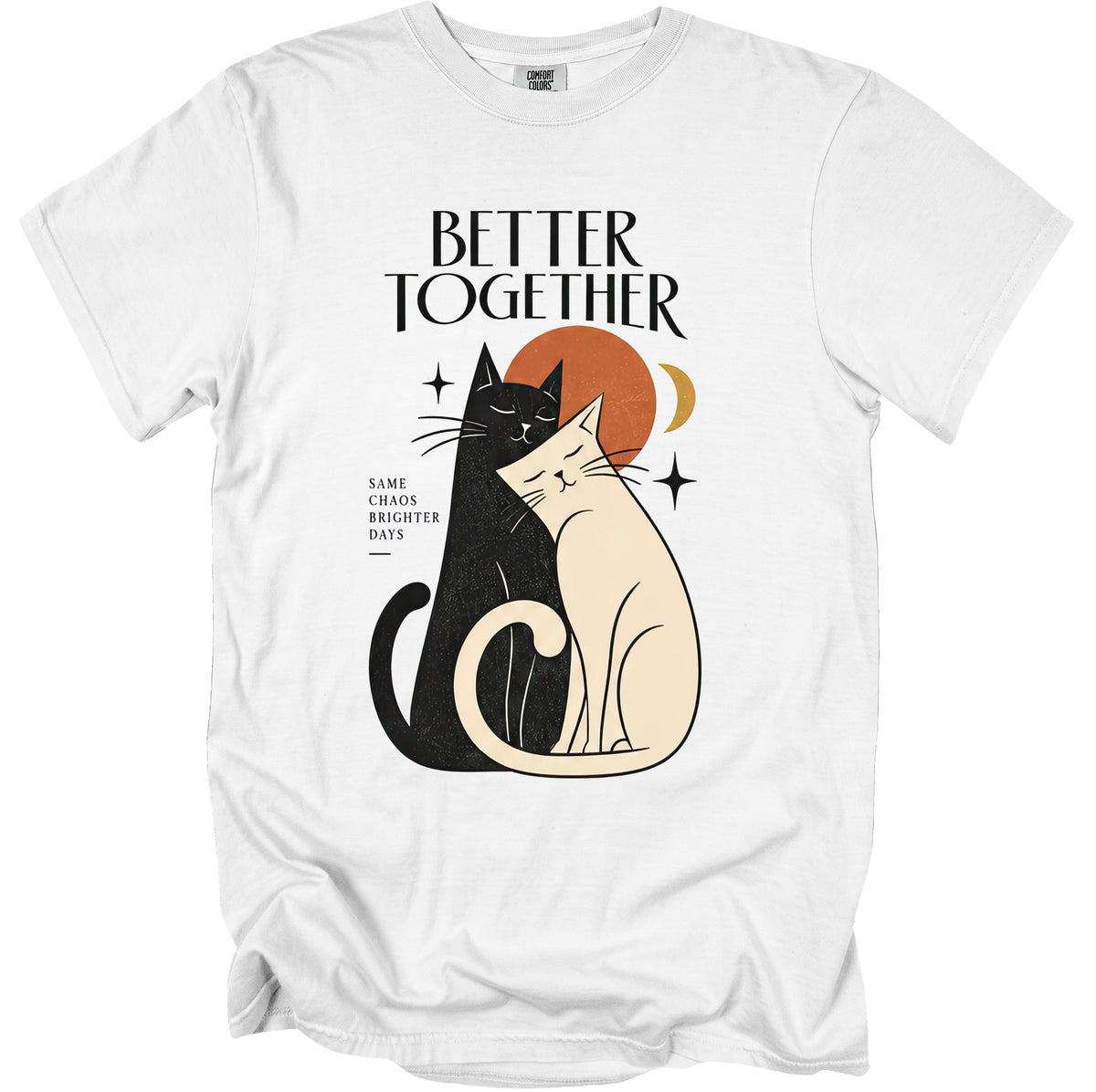White t-shirt with black and cream cats hugging, "BETTER TOGETHER" text.