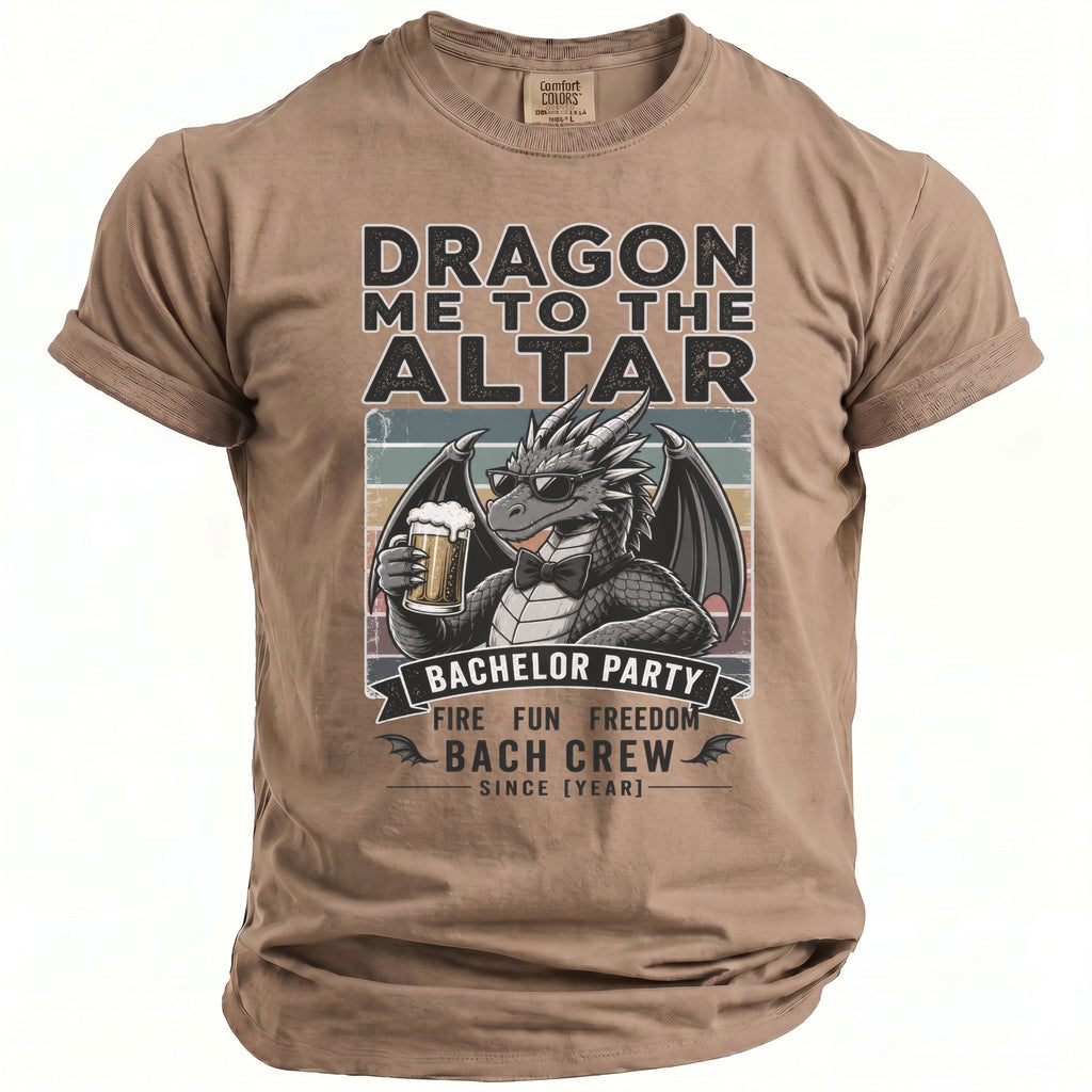 T-shirt with "Dragon Me to the Altar" and bachelor party design.