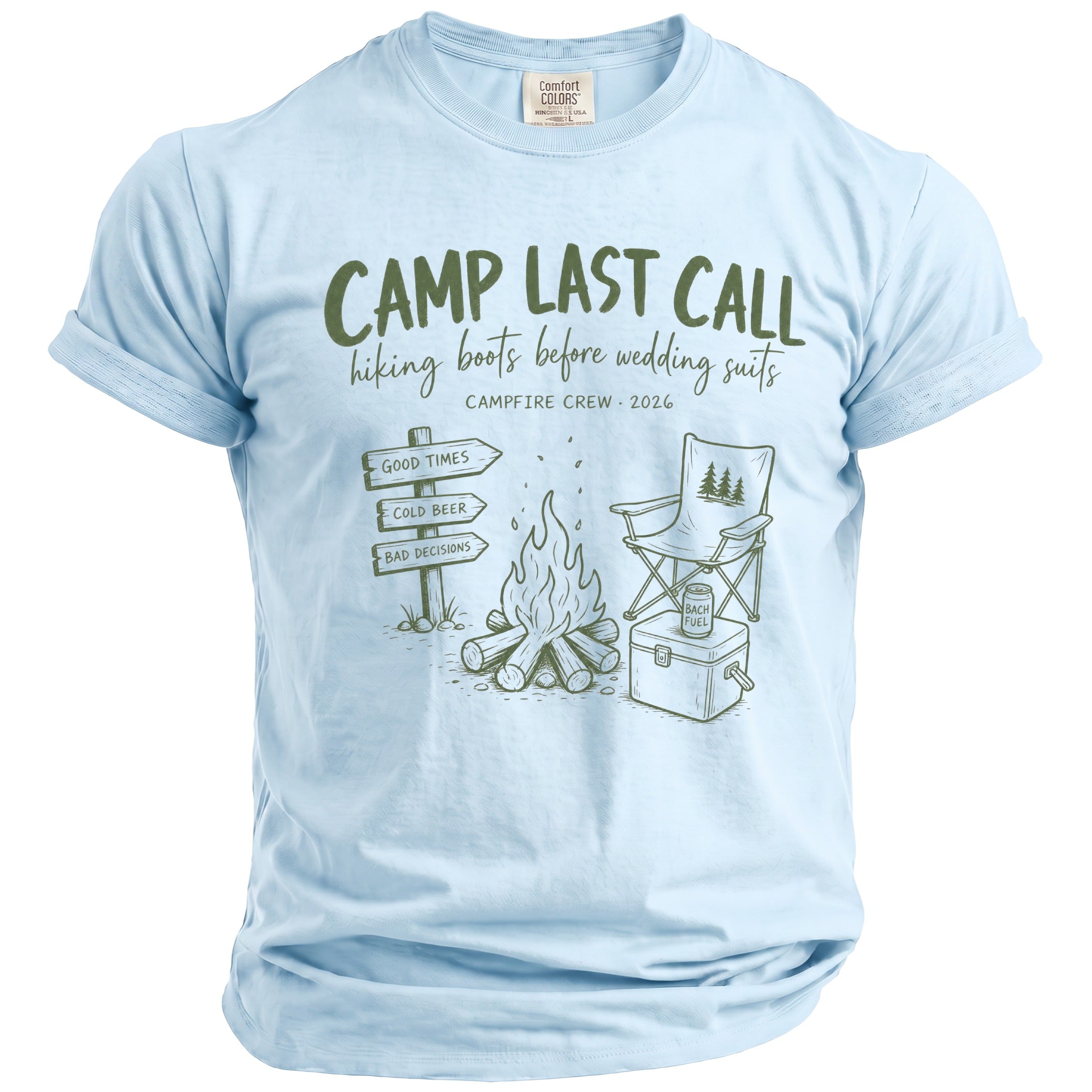 Light blue t-shirt with "Camp Last Call" graphic featuring campfire, signs, and camping gear.