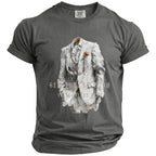 Gray t-shirt with watercolor print of a white suit, pocket watch, and text.