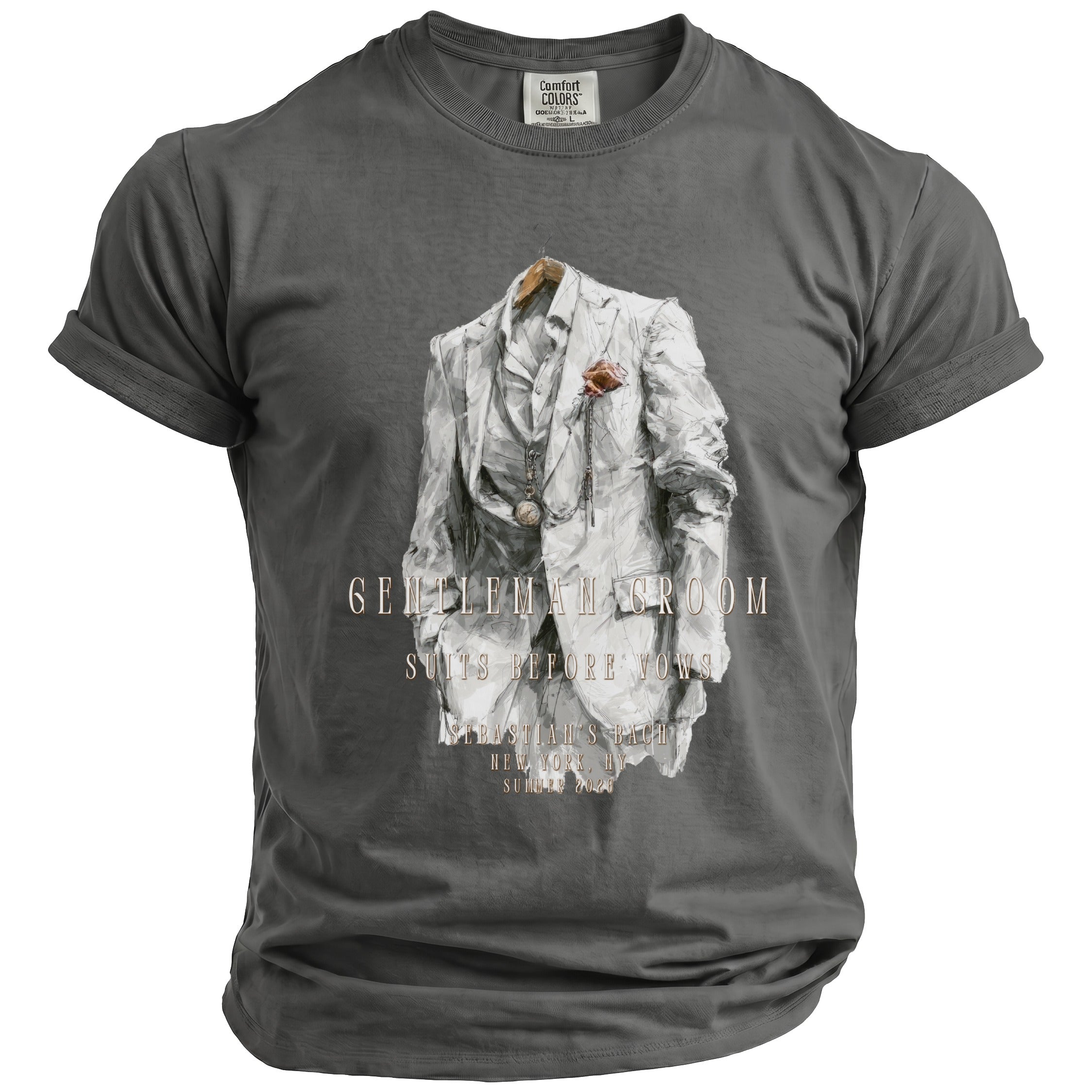 Gray t-shirt with watercolor print of a white suit, pocket watch, and text.