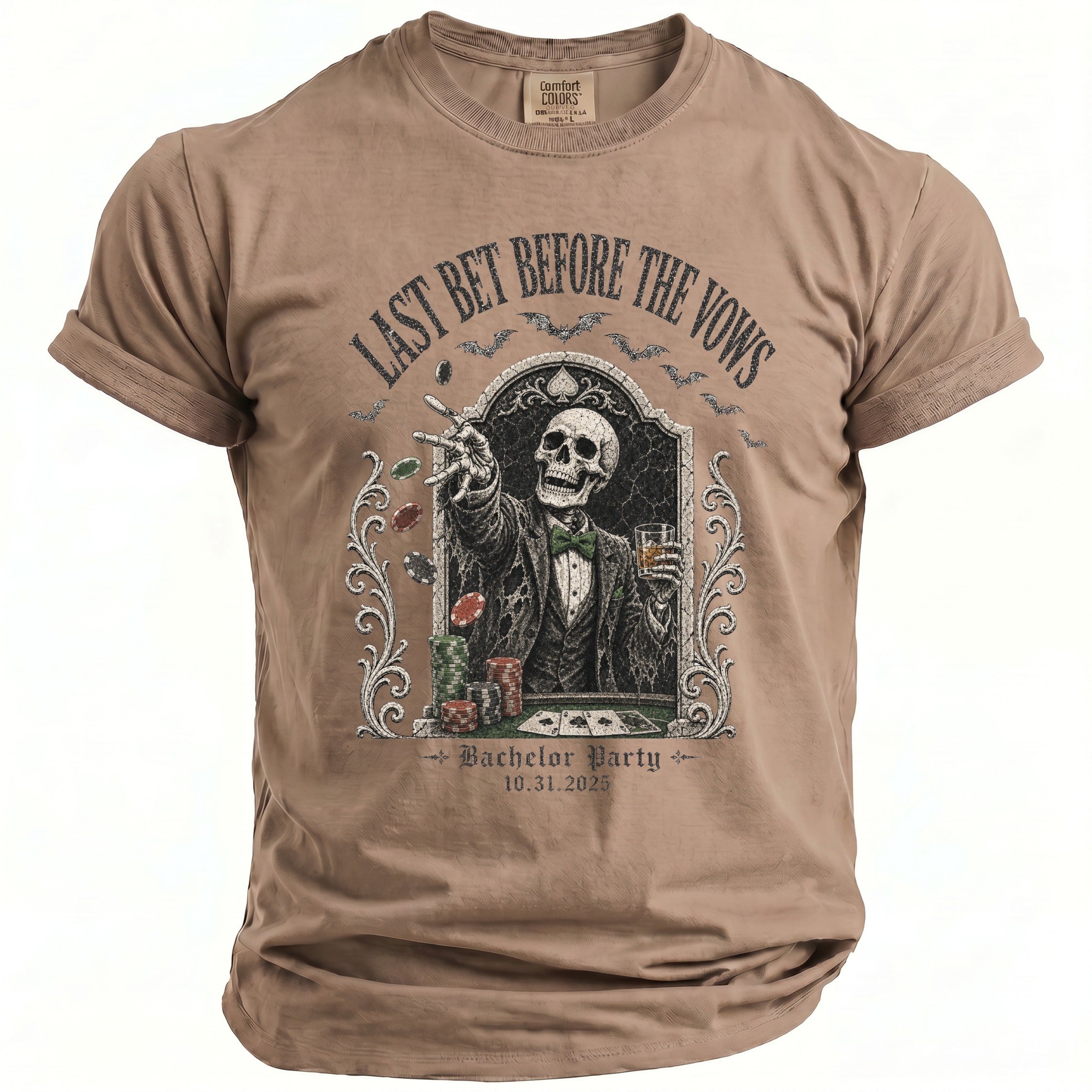 Skeleton in suit playing poker with text "Last Bet Before The Vows Bachelor Party 10.31.2025".