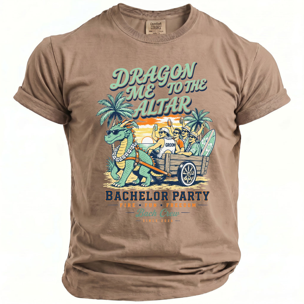 Dragon pulling cart with groom and friends, text reads "Dragon Me to the Altar" and "Bachelor Party."