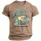 Dragon pulling cart with groom and friends, text reads "Dragon Me to the Altar" and "Bachelor Party."