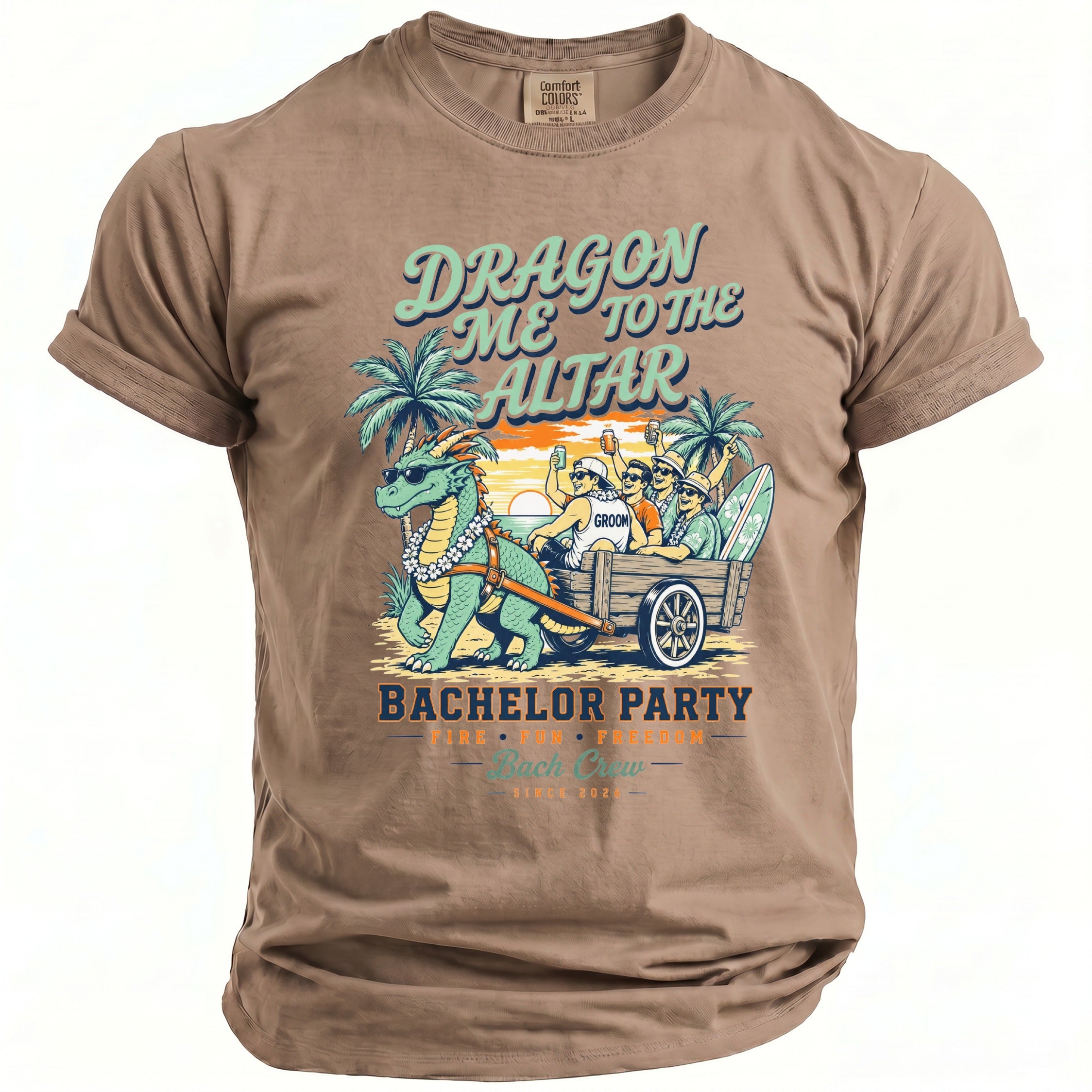 Dragon pulling cart with groom and friends, text reads "Dragon Me to the Altar" and "Bachelor Party."