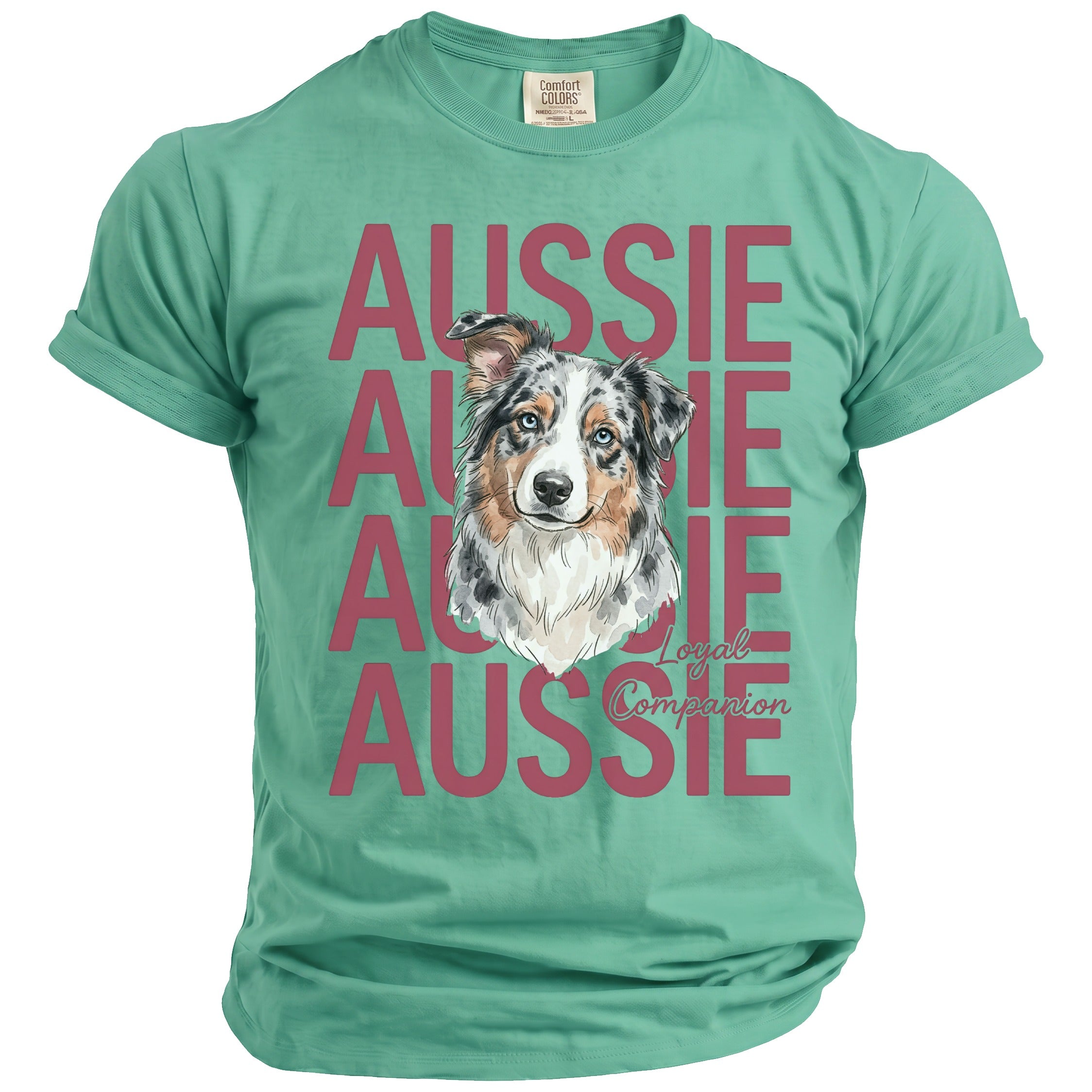 Turquoise t-shirt with Australian Shepherd dog portrait and "Aussie Loyal Companion" text.