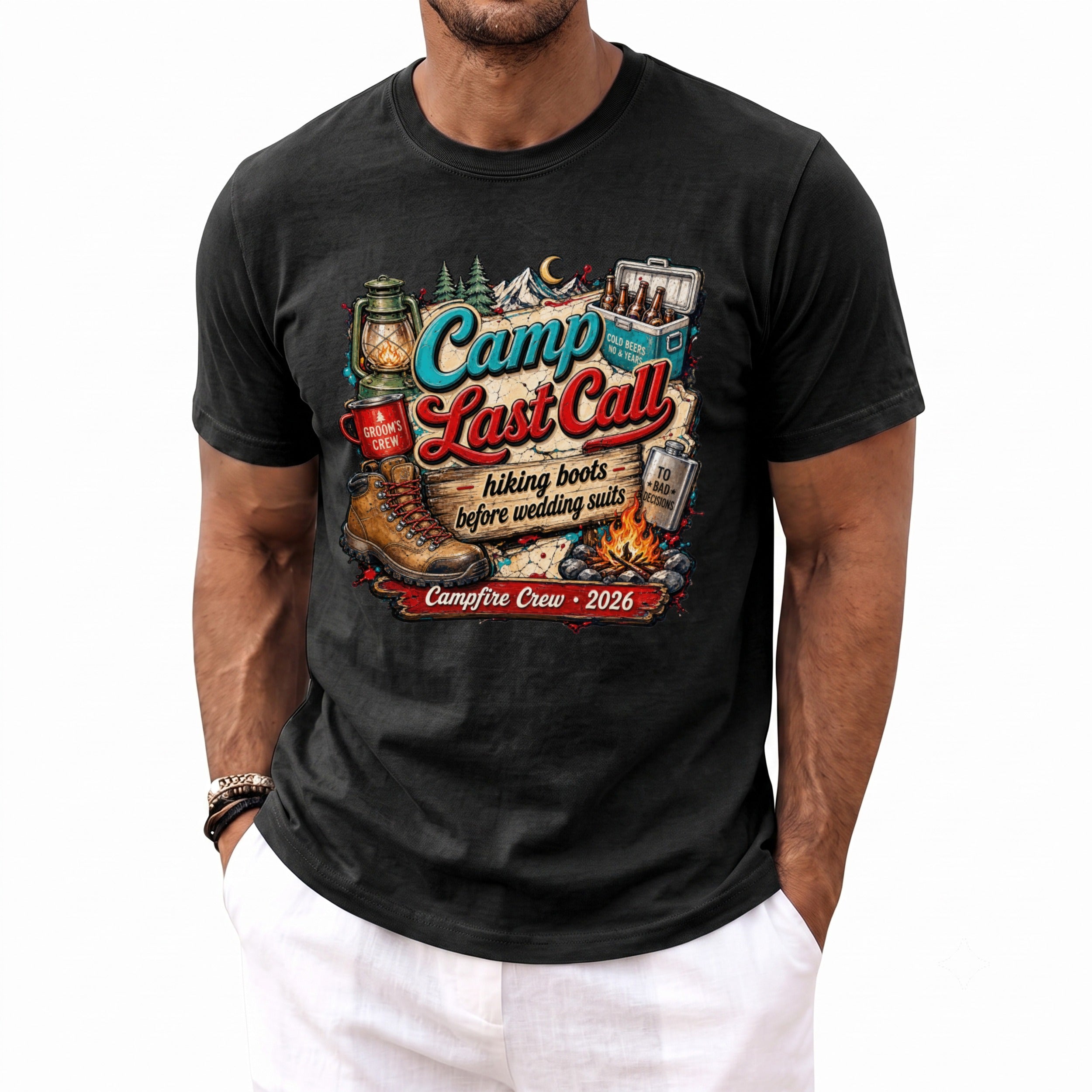 Camp Last Call graphic on a black t-shirt with hiking boots and campfire theme.
