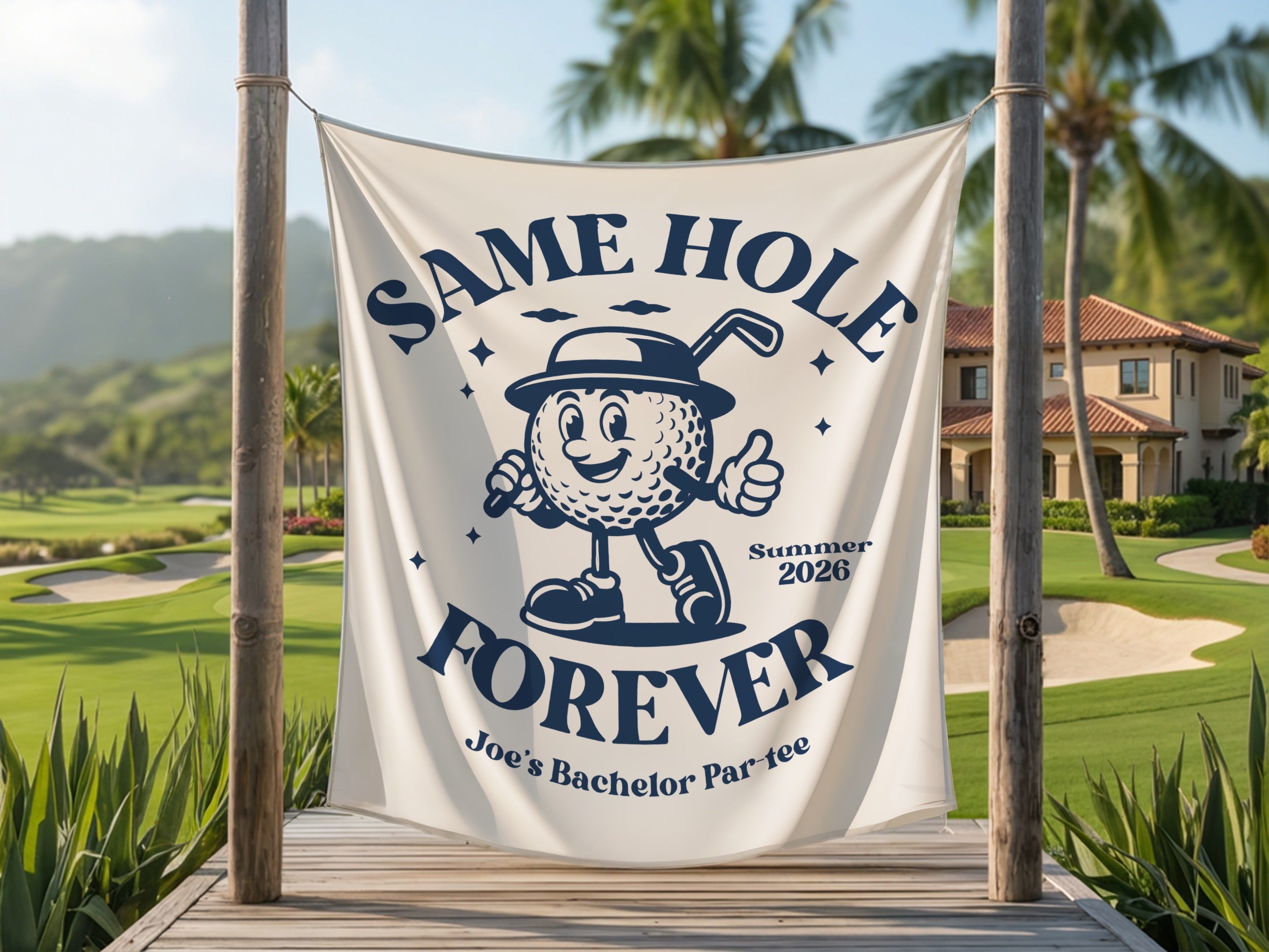 Golf ball mascot banner reads "Same Hole Forever Summer 2026 Joe's Bachelor Par-tee".