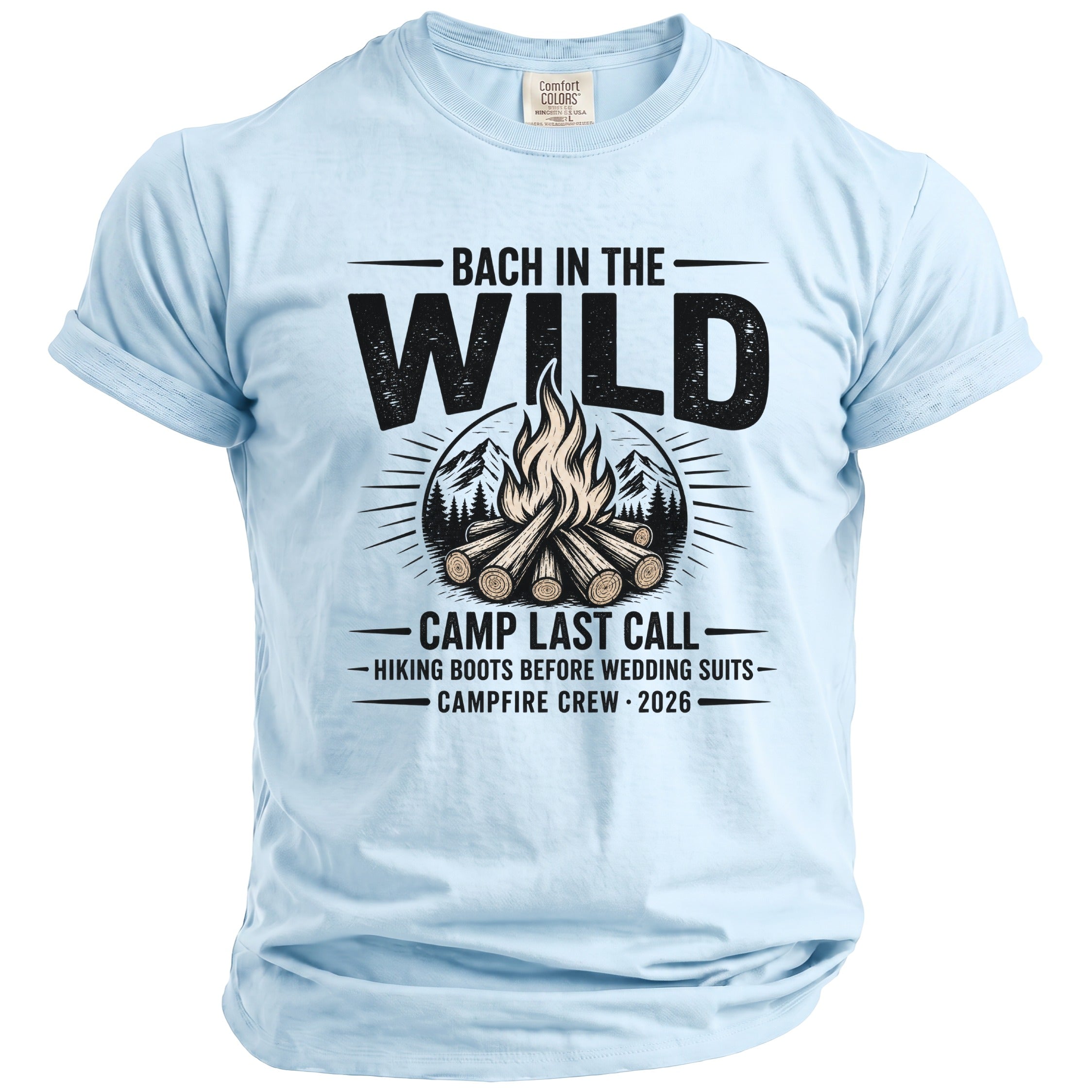 Light blue t-shirt with "Bach in the Wild" graphic and campfire design.