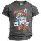 T-shirt with a cooler of beer, stamps, poker cards, and text saying "Last call," "Best Man in charge of Bad Decisions," and "No regrets."