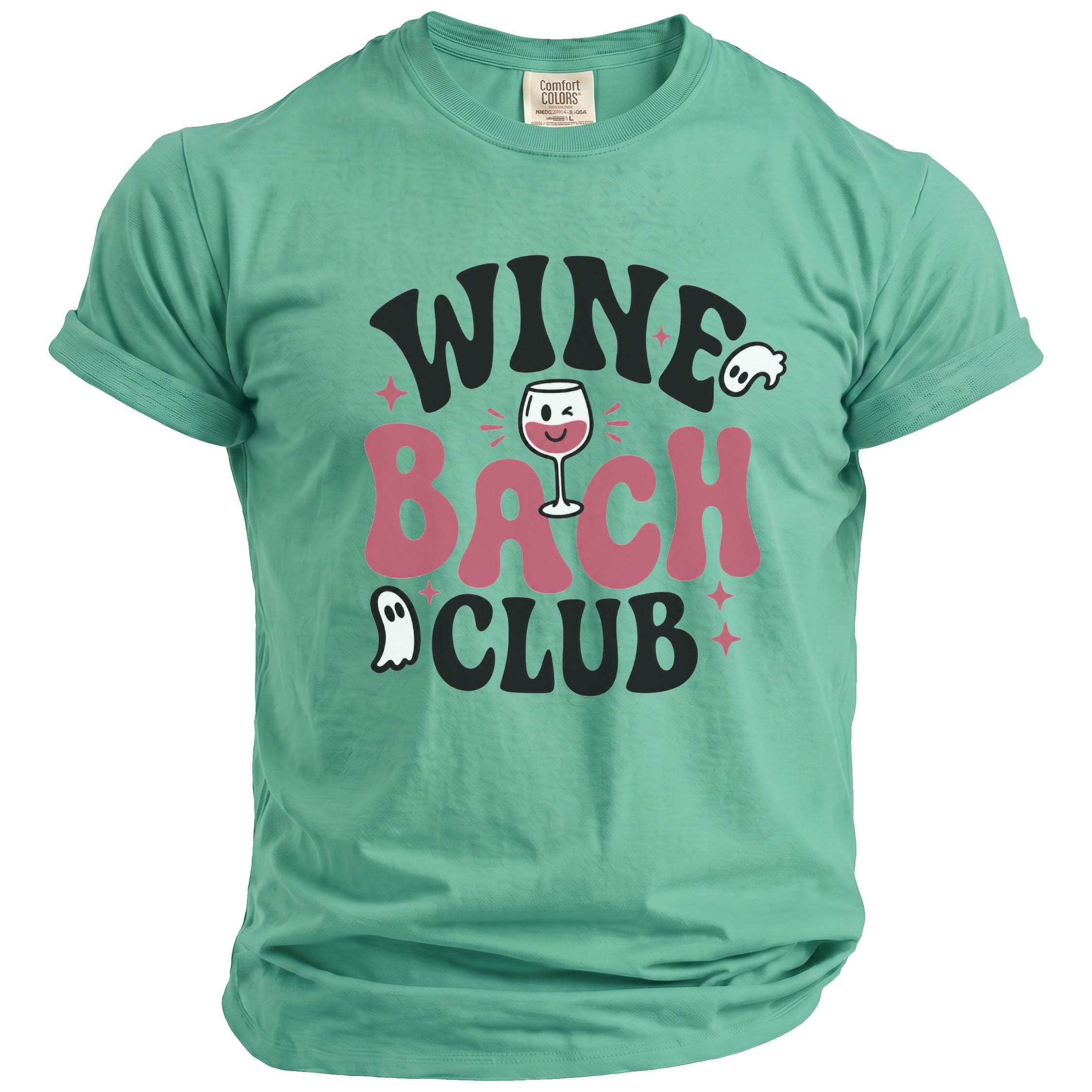 Green t-shirt with "Wine Bach Club" text, wine glass, and ghosts.