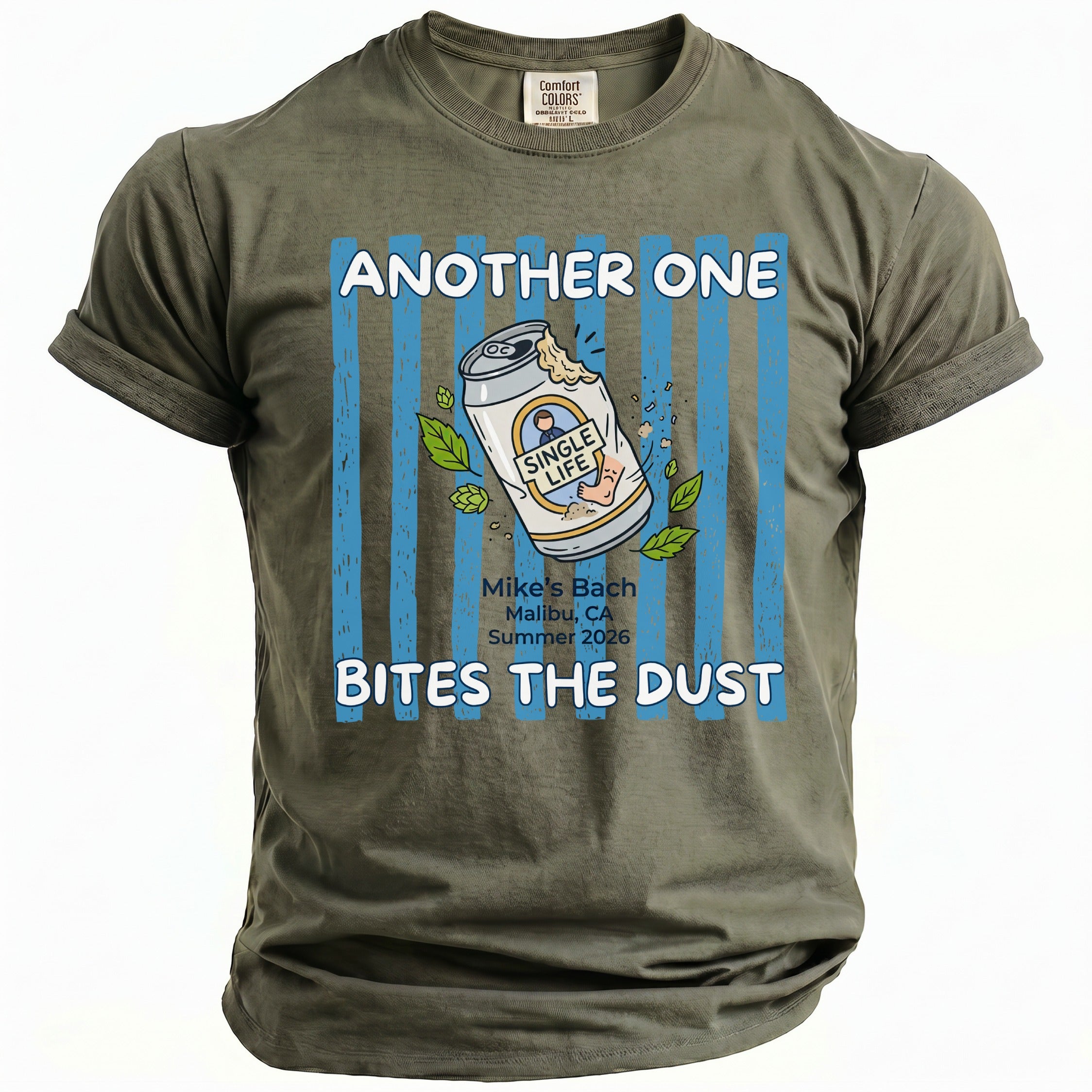 Green t-shirt with "Another one bites the dust" and a beer can graphic.