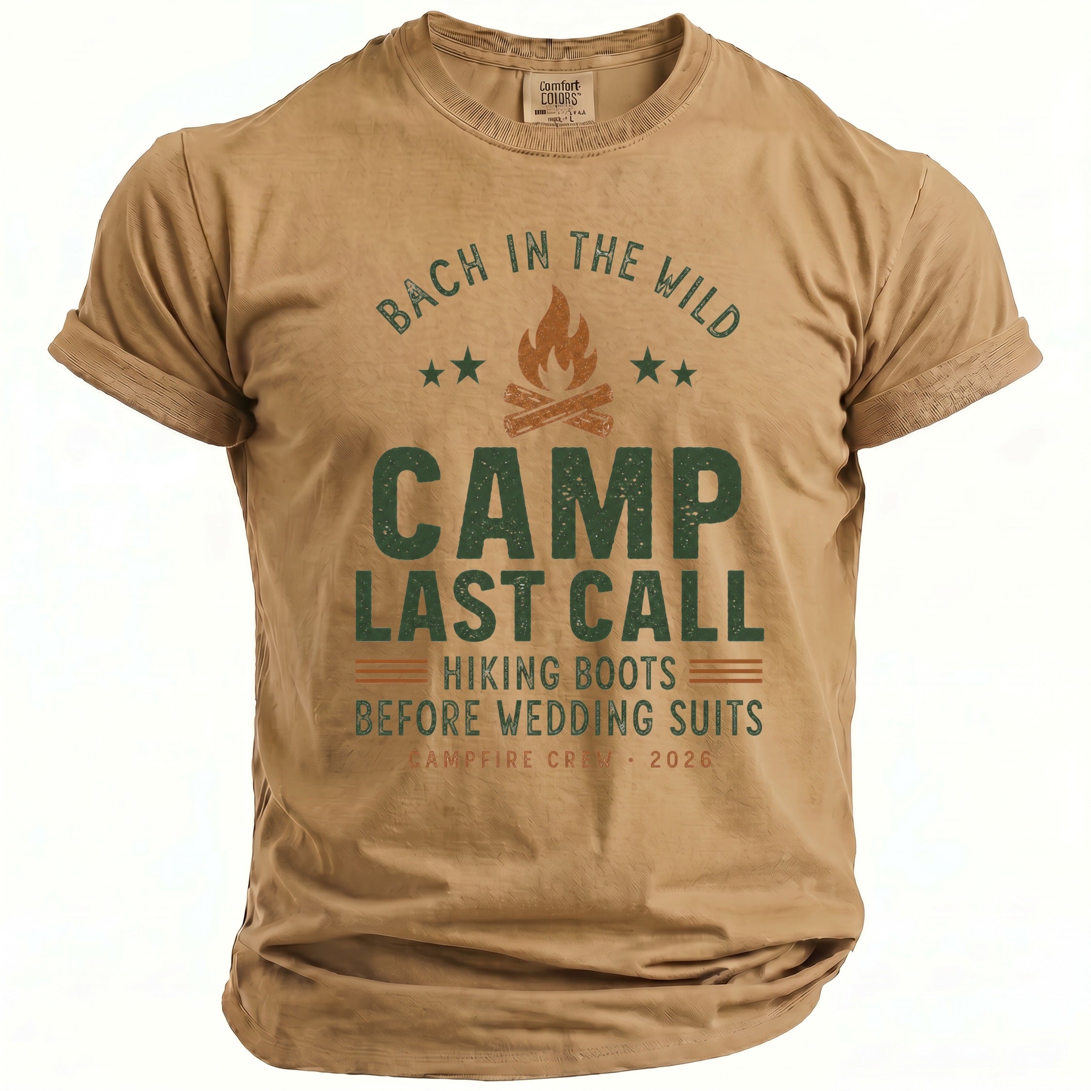 Tan t-shirt with "Bach in the Wild Camp Last Call" graphic and campfire.