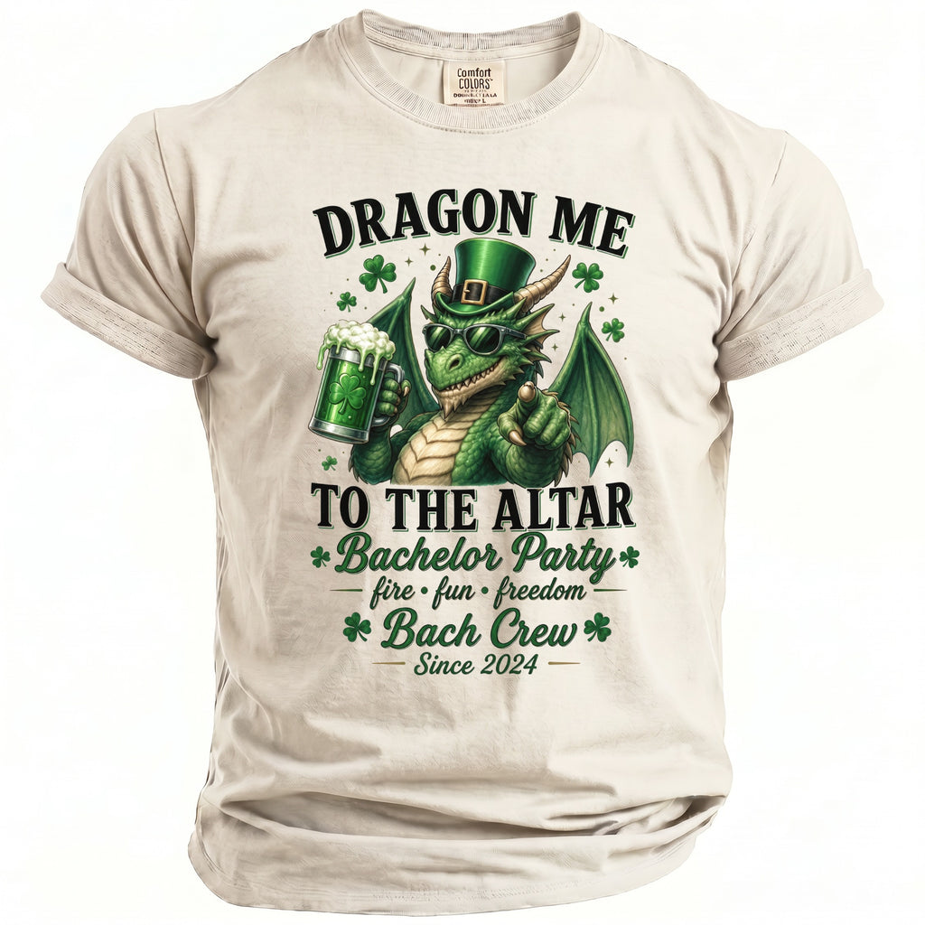 Cream t-shirt with a green dragon wearing a top hat holding a beer, reading "Dragon Me To The Altar Bachelor Party".